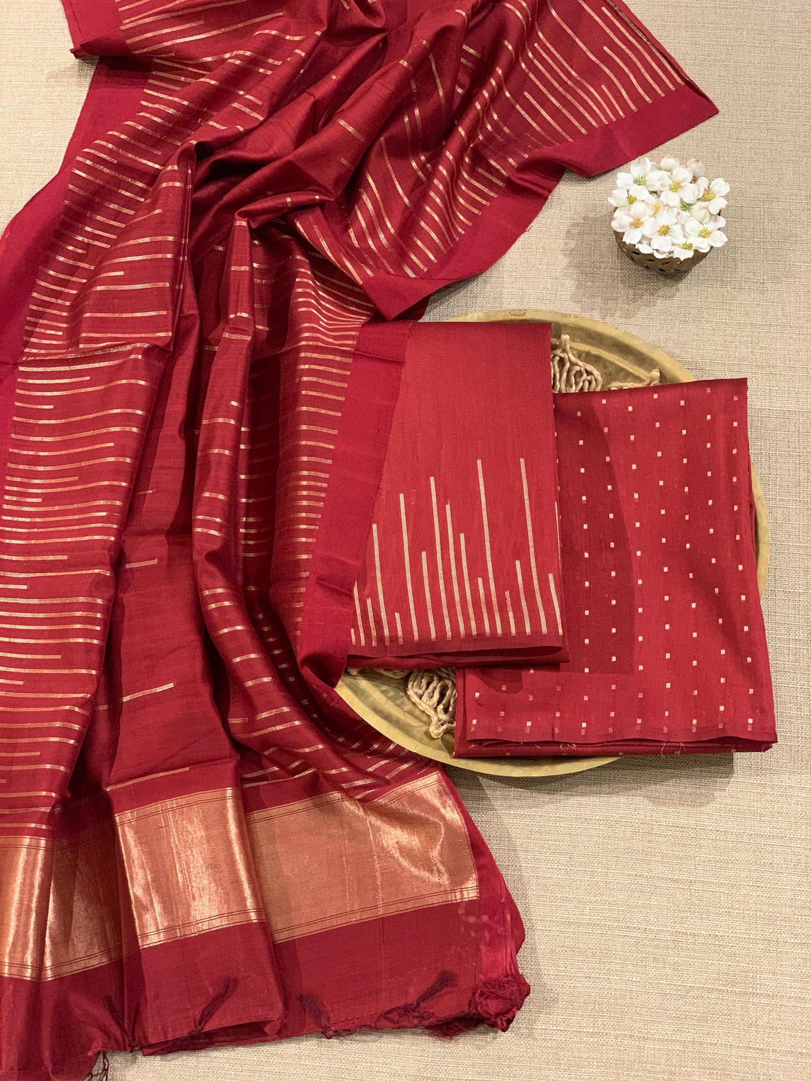 Brick Red Banarasi Handloom Chiniya Silk 3-pc Suit Set