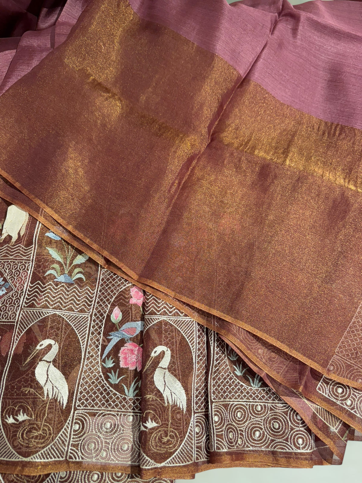 Winish Brown Kora-Tussar blend Handloom Saree with Tissue embroidered Skirt Border