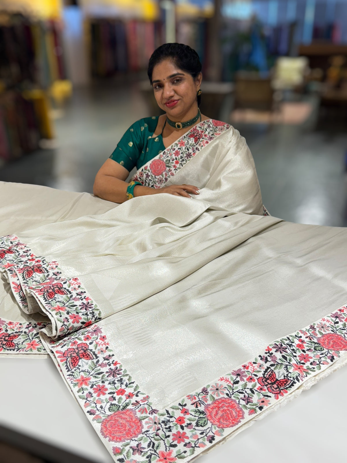 Half White Banarasi  brocade Silk Saree with Petite Point Embroidered Border.