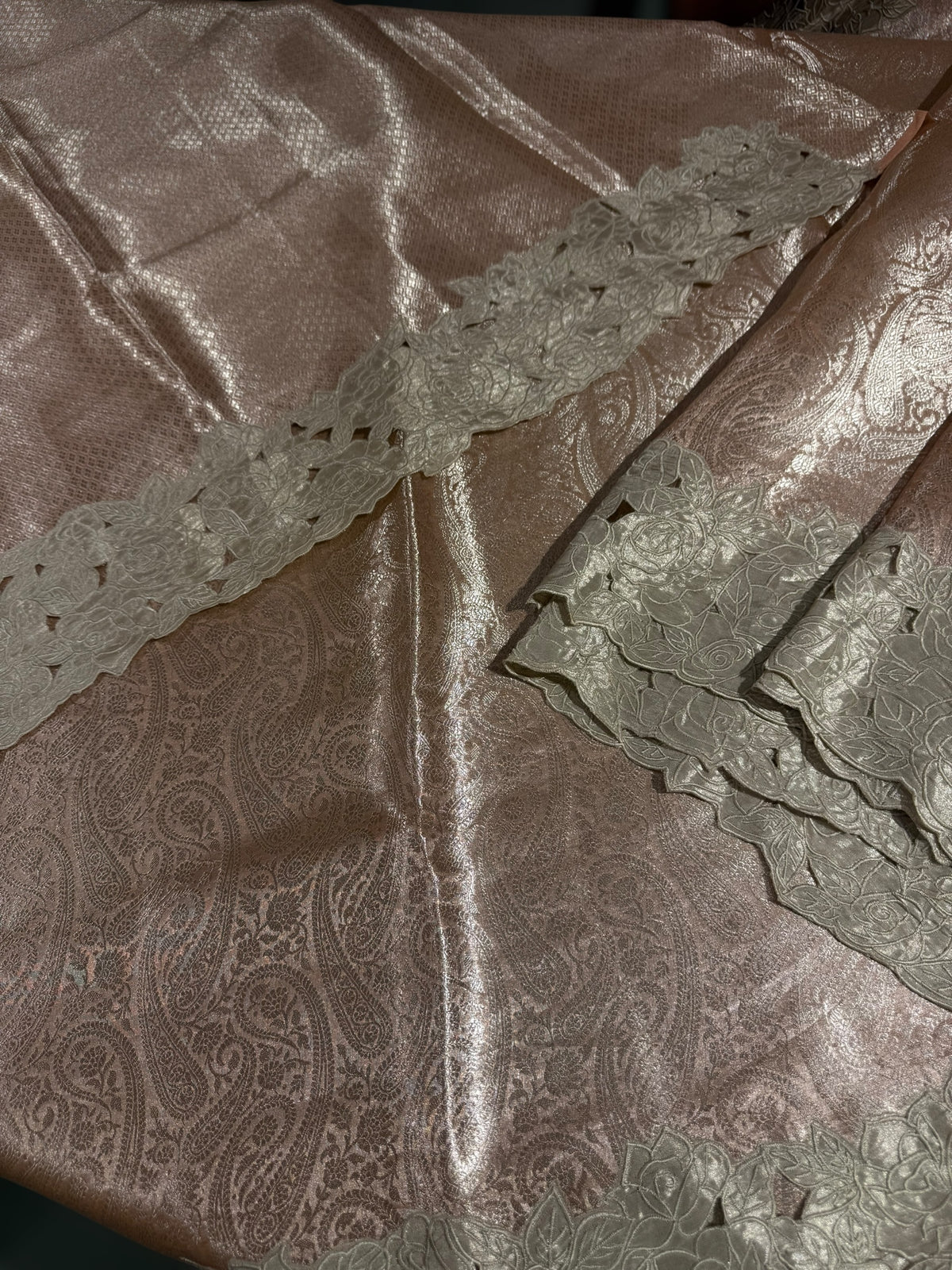 Peach Tissue Brocade allover weaving Saree with Tissue Cutwork Rose Border