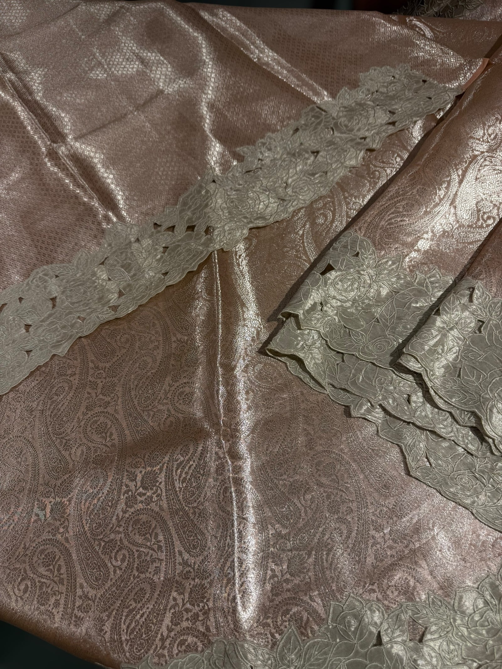 Peach Tissue Brocade allover weaving Saree with Tissue Cutwork Rose Border