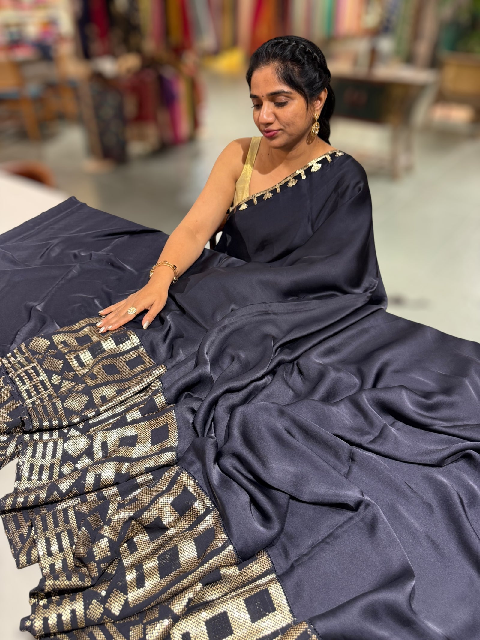 Navy pure Satin Saree with designer sequence border and blouse