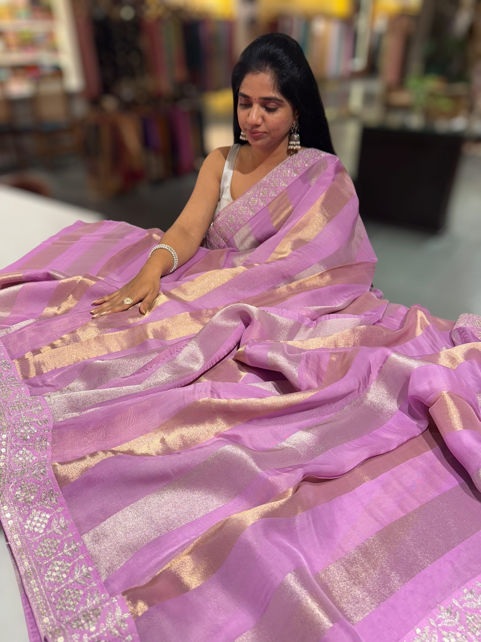 Lilac Pink kora tissue stripes saree