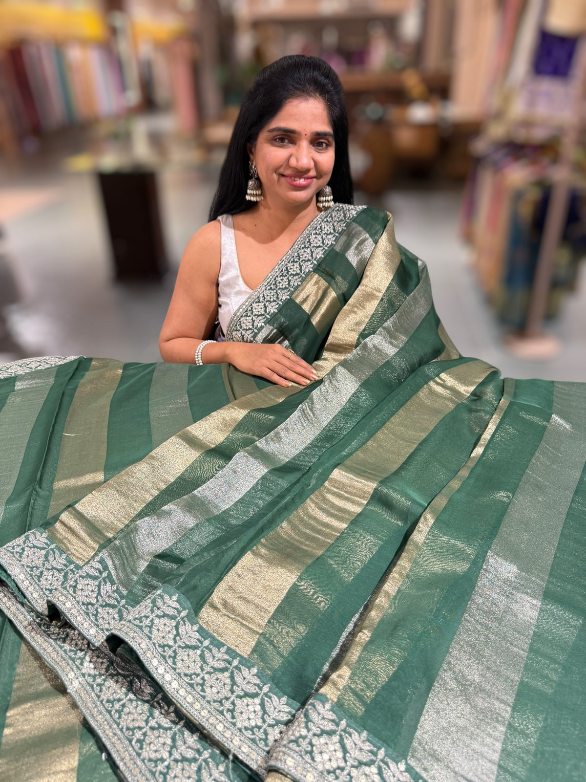 Forest Green kora tissue stripes saree