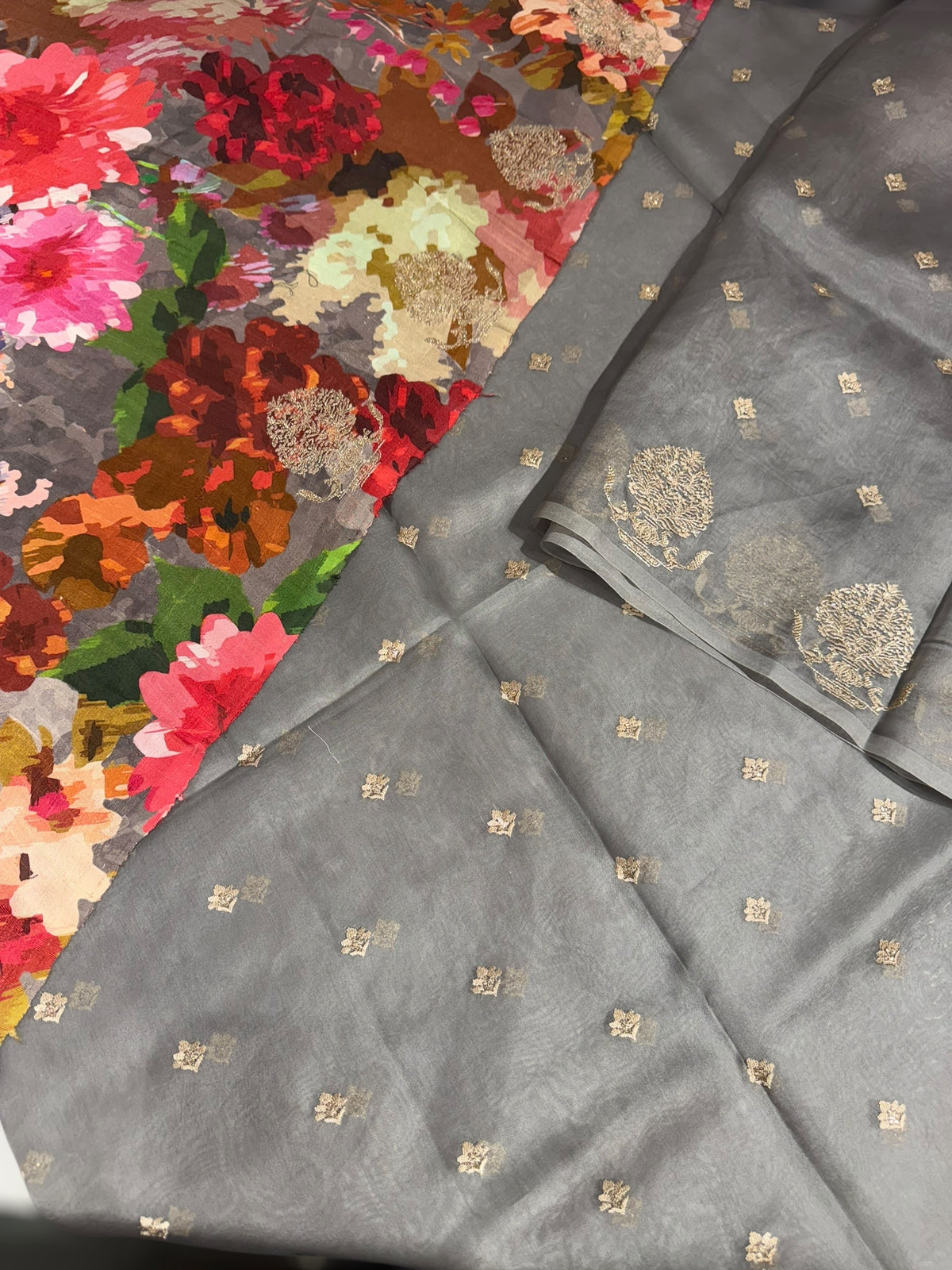 Grey Organza Saree With Embroidery & Tussar Printed Blouse