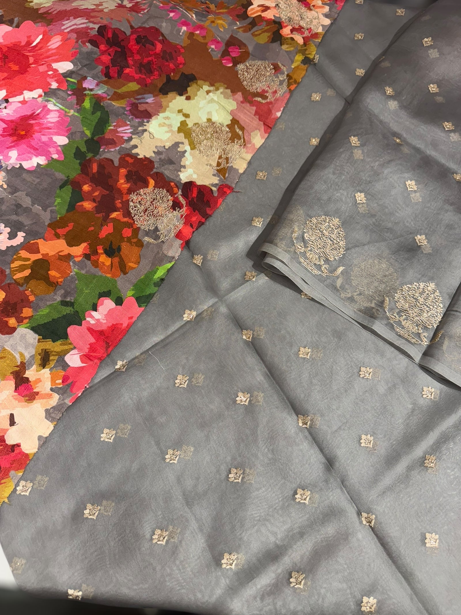 Grey Organza Saree With Embroidery & Tussar Printed Blouse
