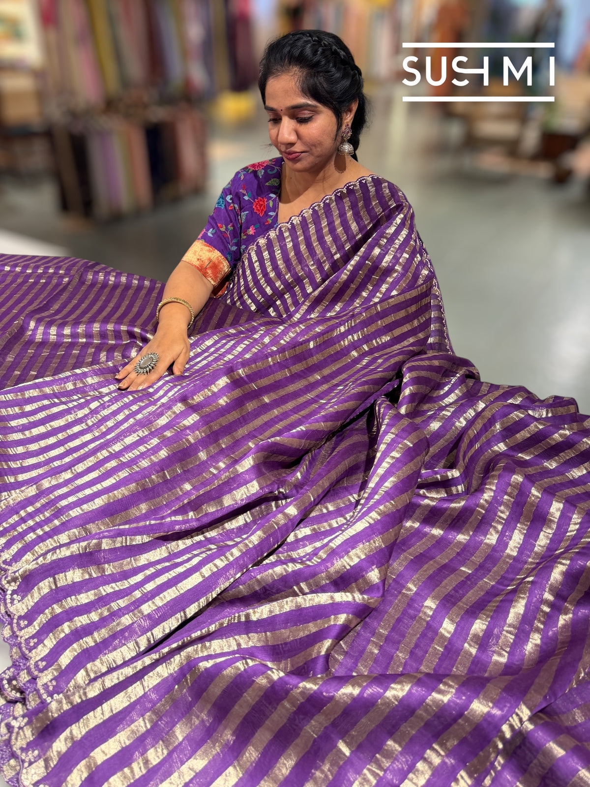 Purple Mul tissue stripes saree with fusion blouse : D62136