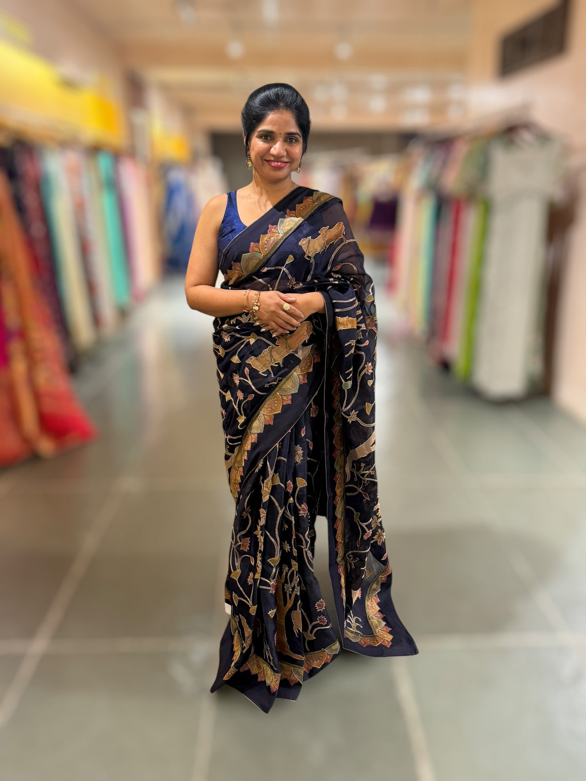 Midnight Blue Designer Organza Saree with Stunning Tissue Applique work Saree with Village theme