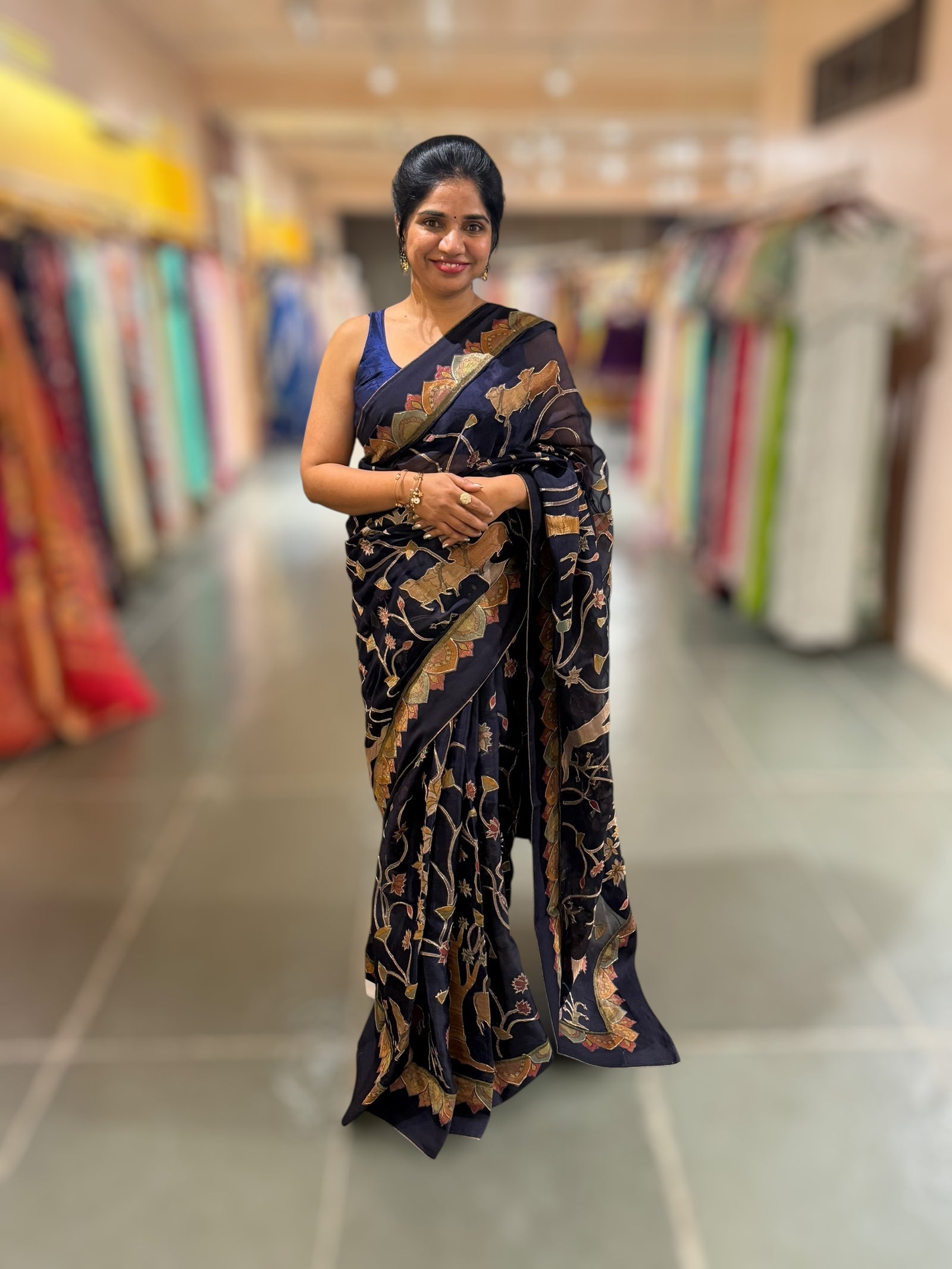 Midnight Blue Designer Organza Saree with Stunning Tissue Applique work Saree with Village theme