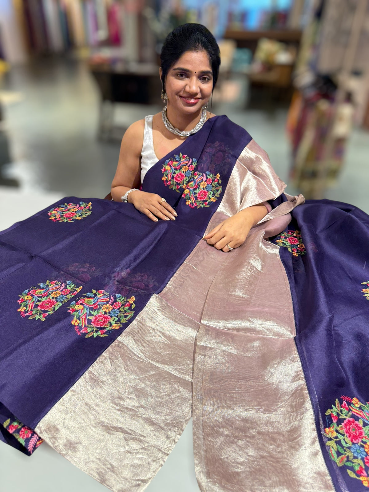 Violet Organza Saree with pure Tissue Border
