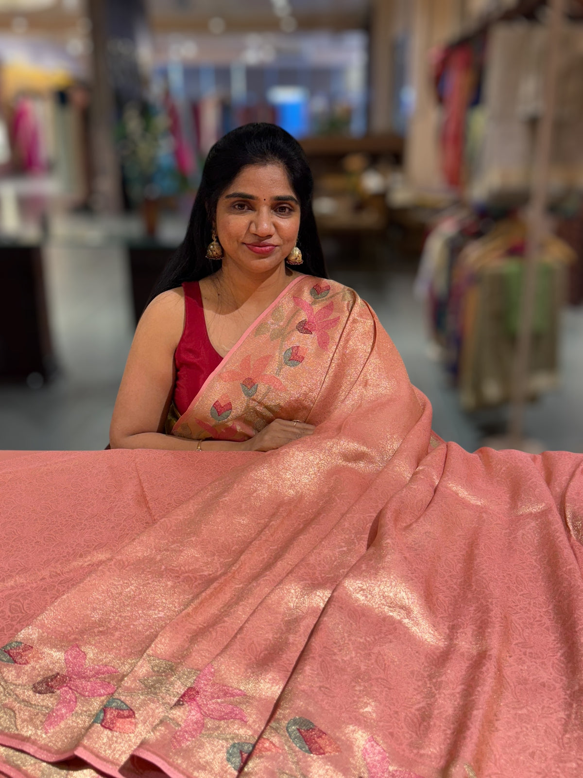 Peach Pink Banarasi Brocade tissue saree with tonchui style weaving & pythani inspired embroidered border