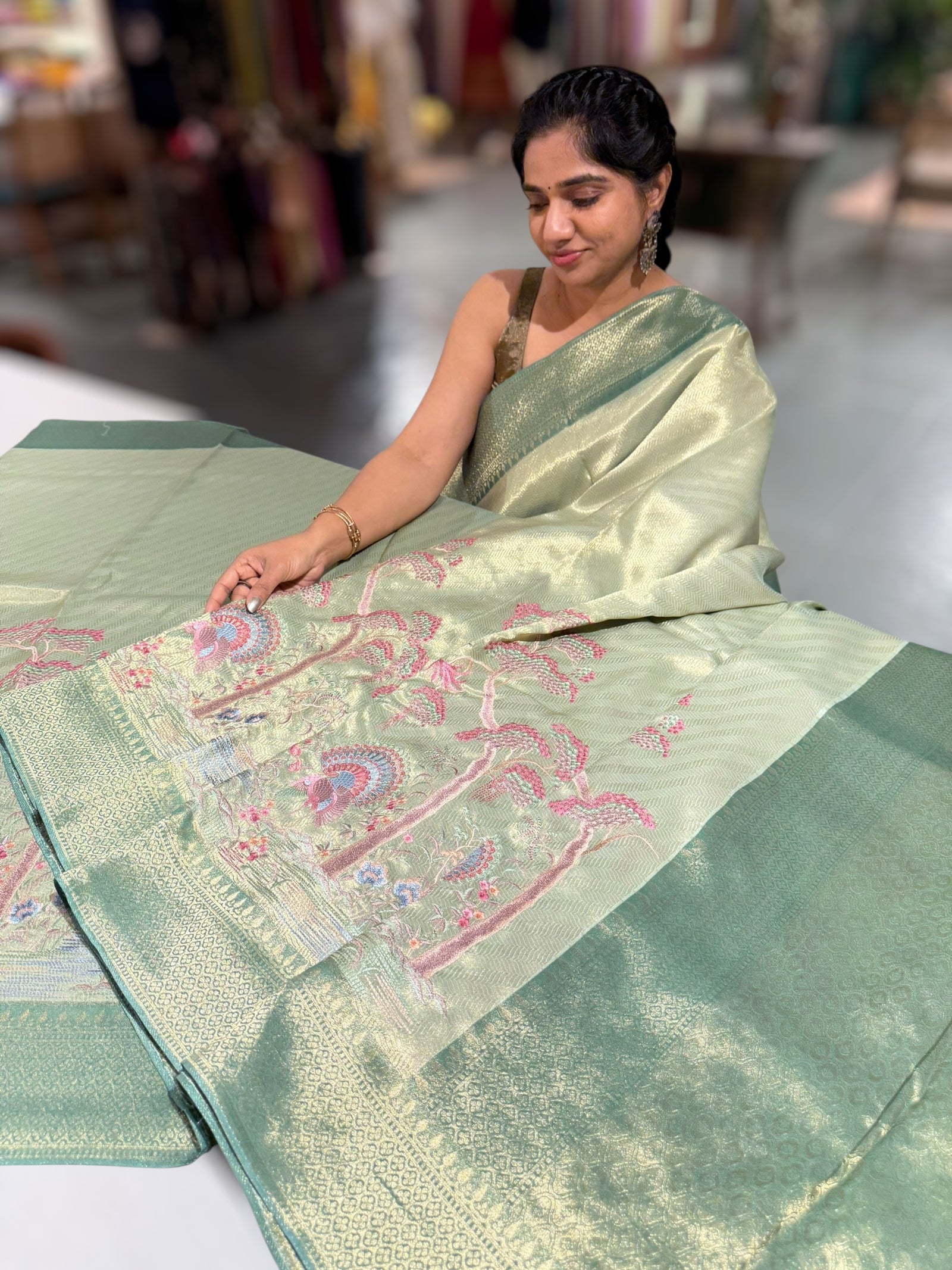 Mint Banarasi Tonchoi Brocade Saree with Parsi Gara style embroidery