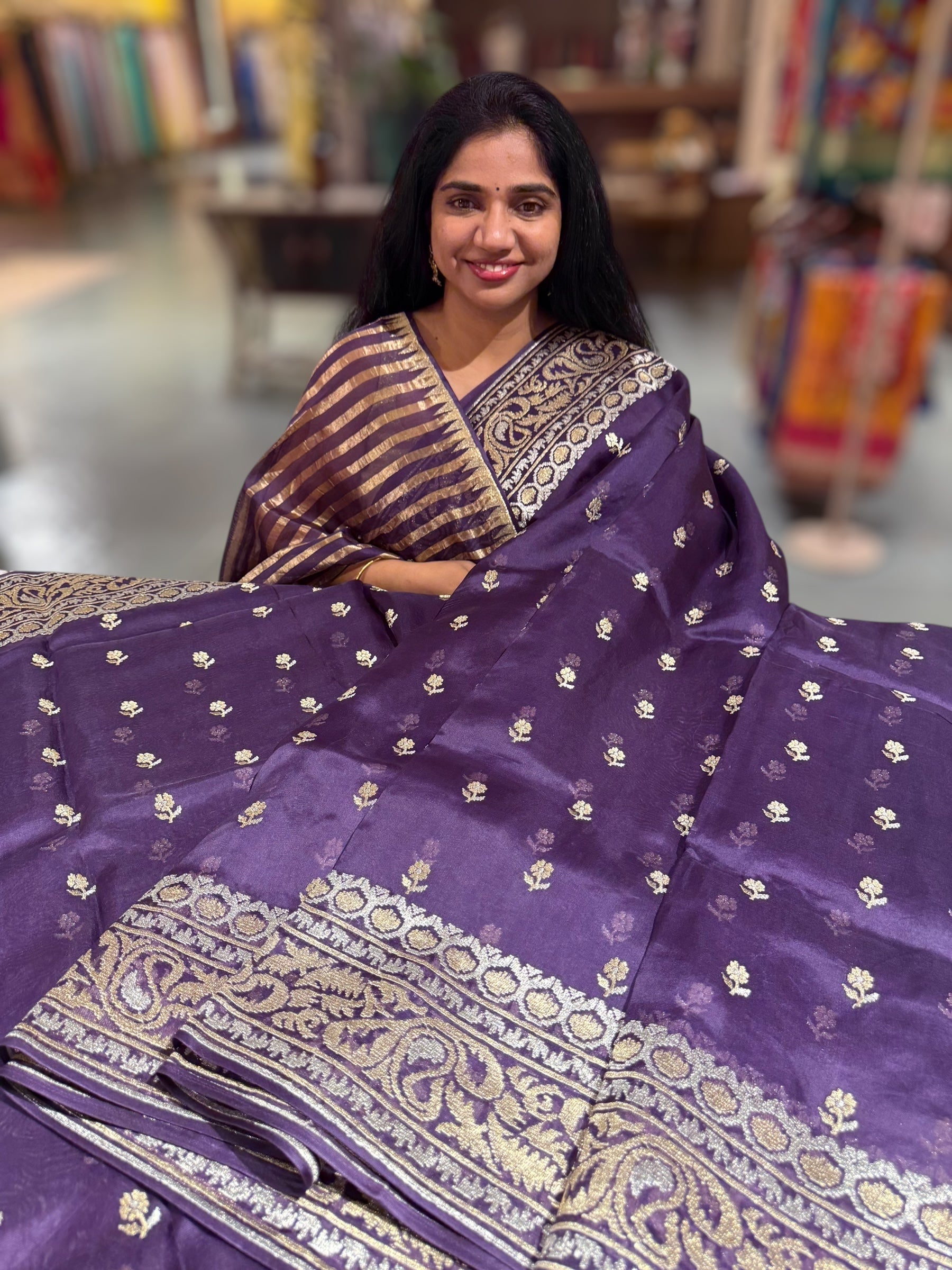 Brinjal Pure Organza Saree With Jamdani Inspired Embroidery