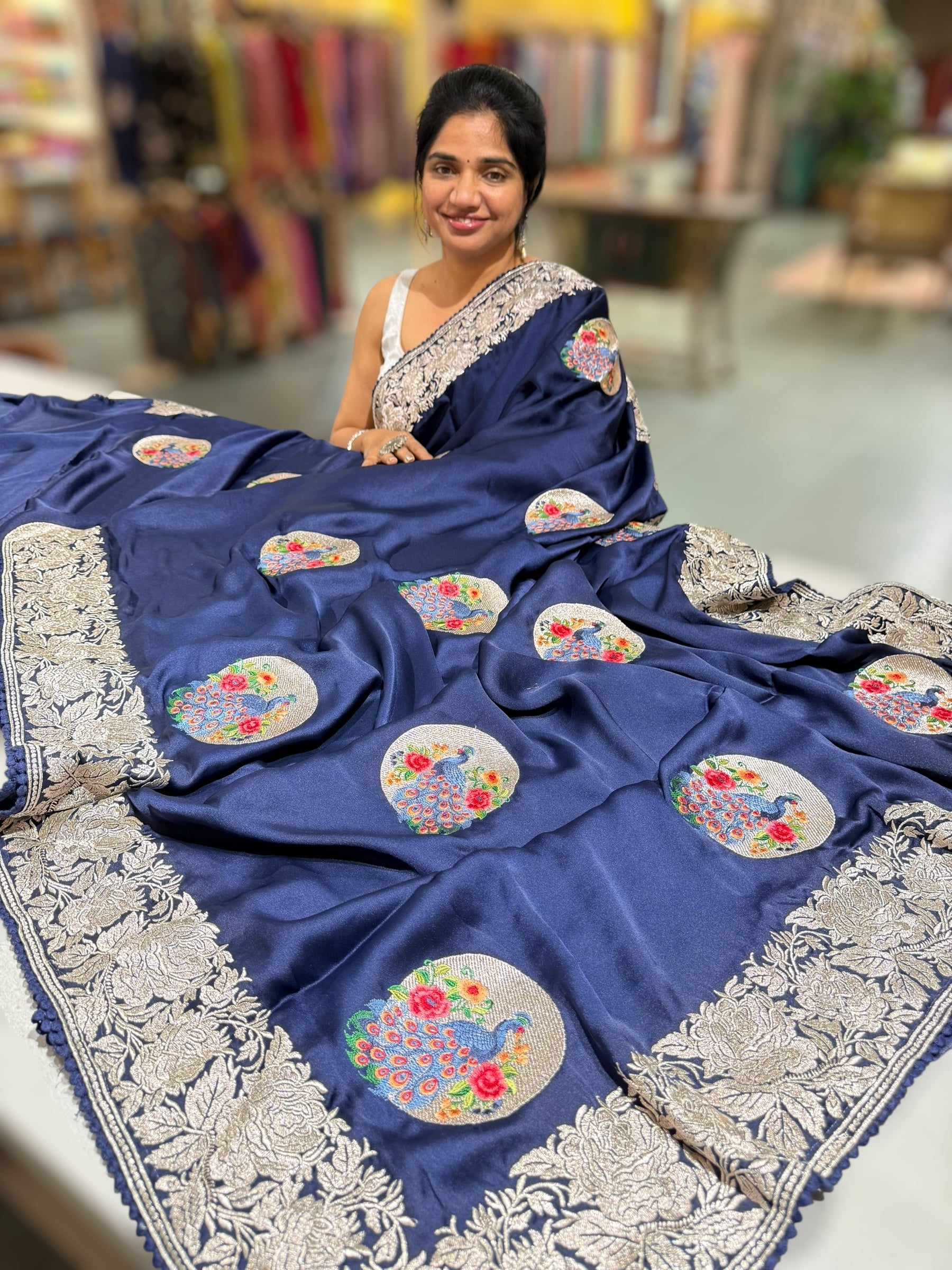Midnight Blue Designer Satin Saree with stunning embroidered border & motifs
