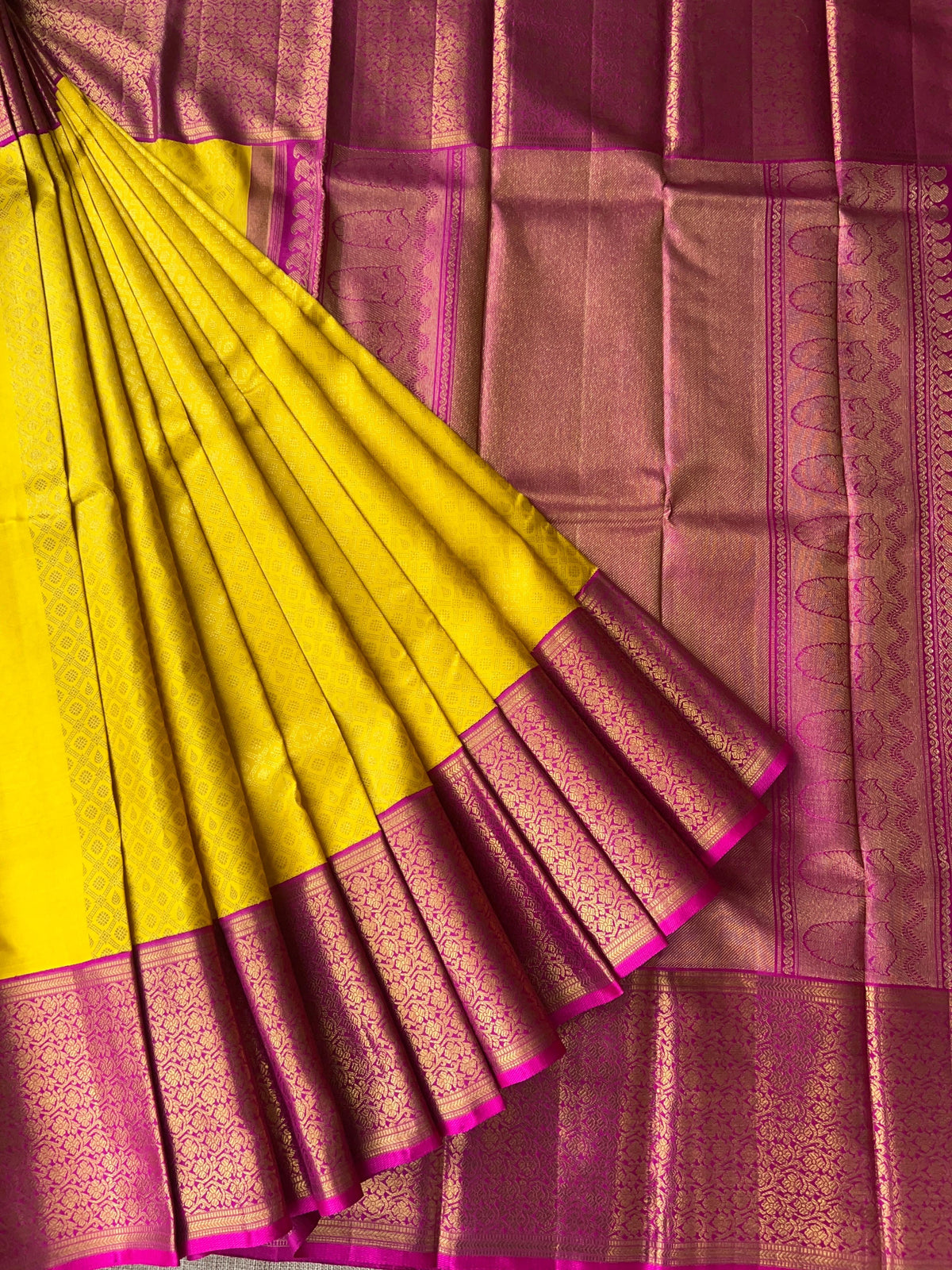 Yellow and Rani Pink Combo kanchi brocade designer kuttu border saree