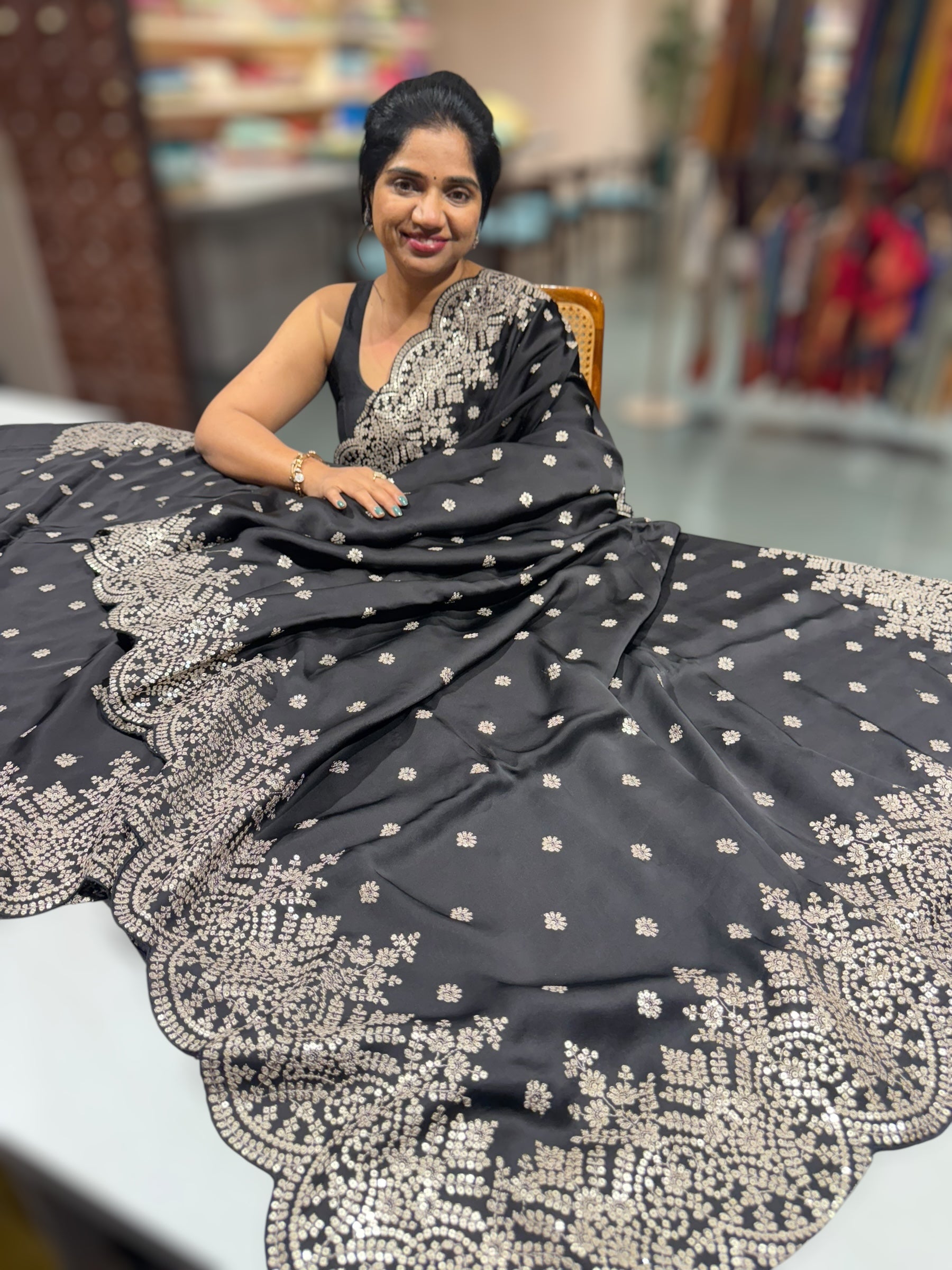 Black Satin Saree with heavy sequnce embroidered scallop Border
