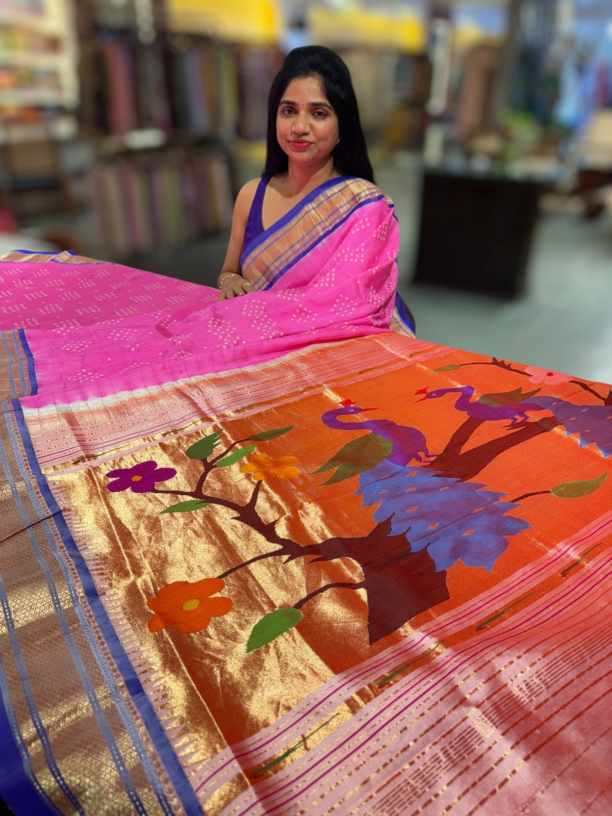 Lotus Pink Pure handloom Bandhini paithani saree