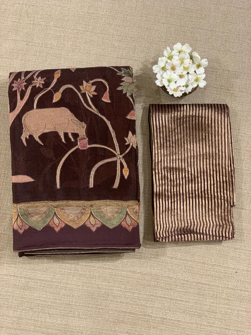 Brown Designer Organza Saree with Stunning Tissue Applique work Saree with Village theme