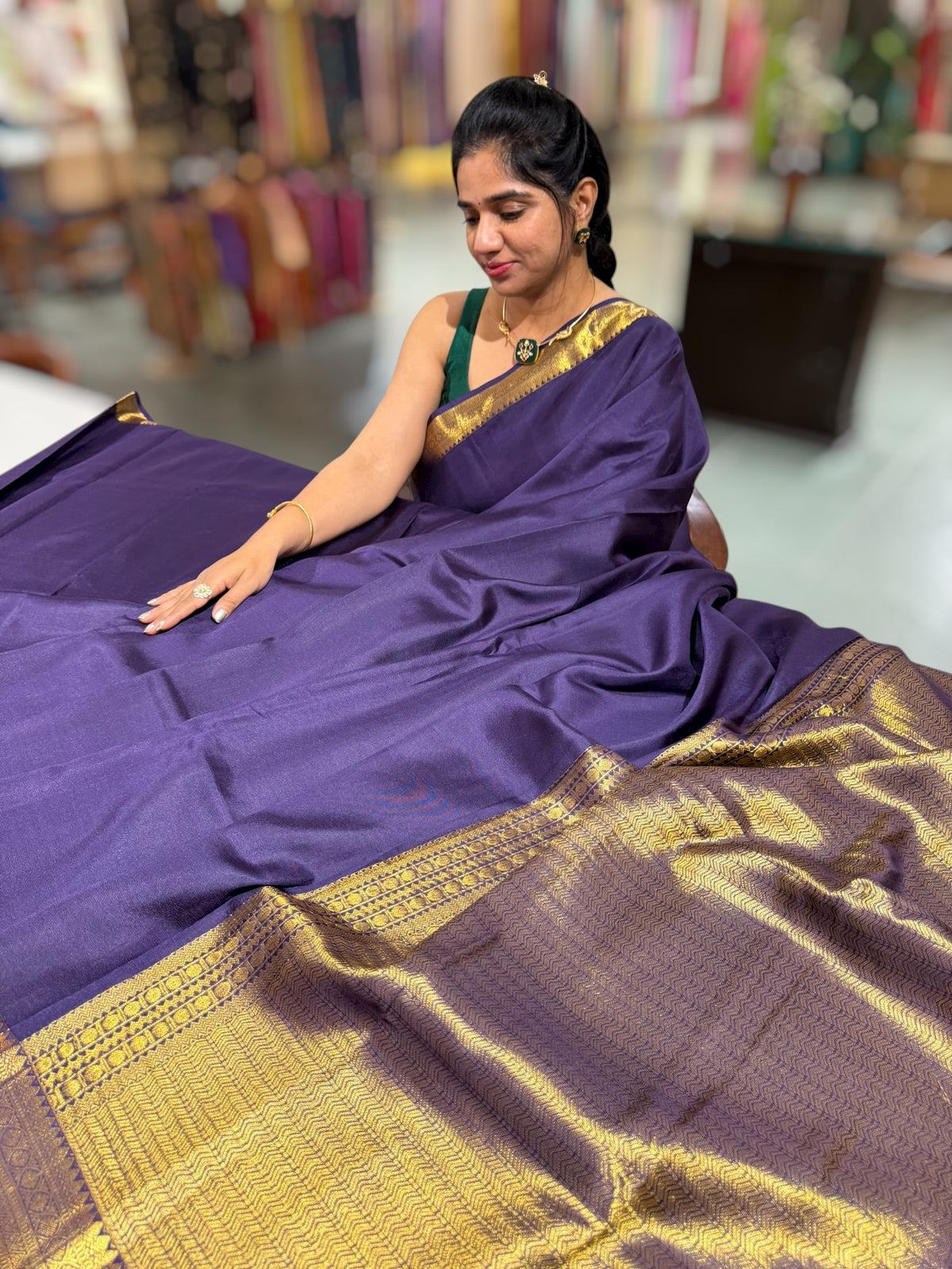 Violet vintage Kanchipuram silk saree with pen kalamkari blouse