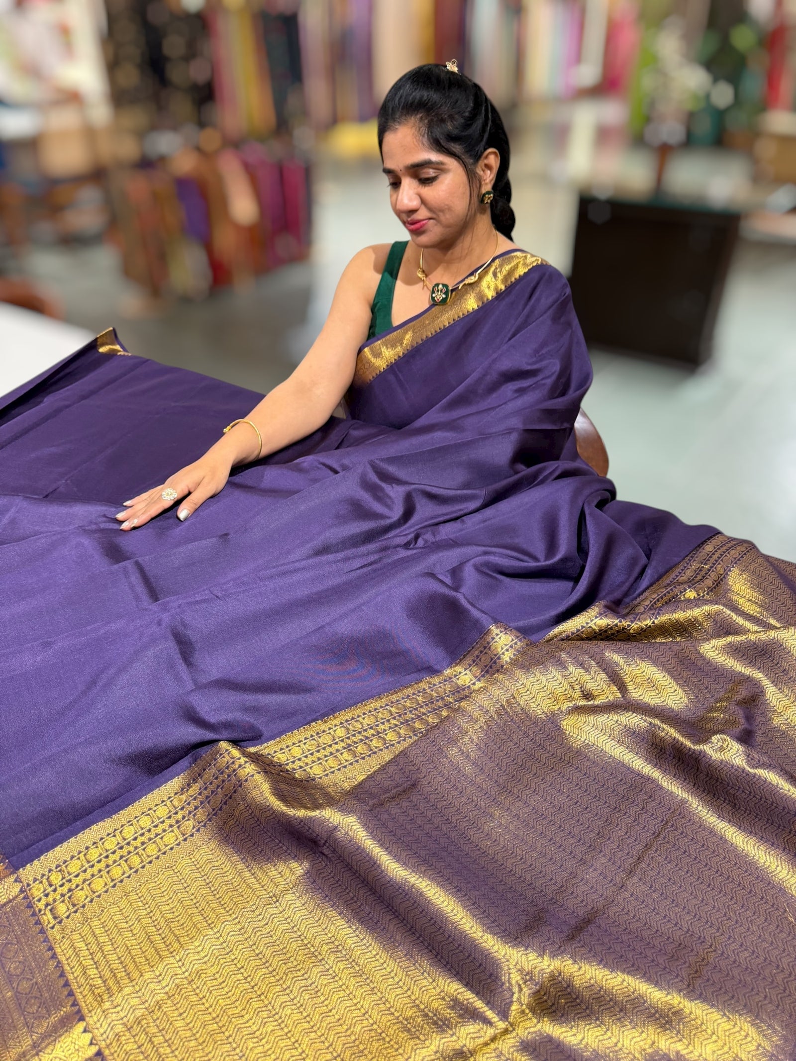Violet vintage Kanchipuram silk saree with pen kalamkari blouse