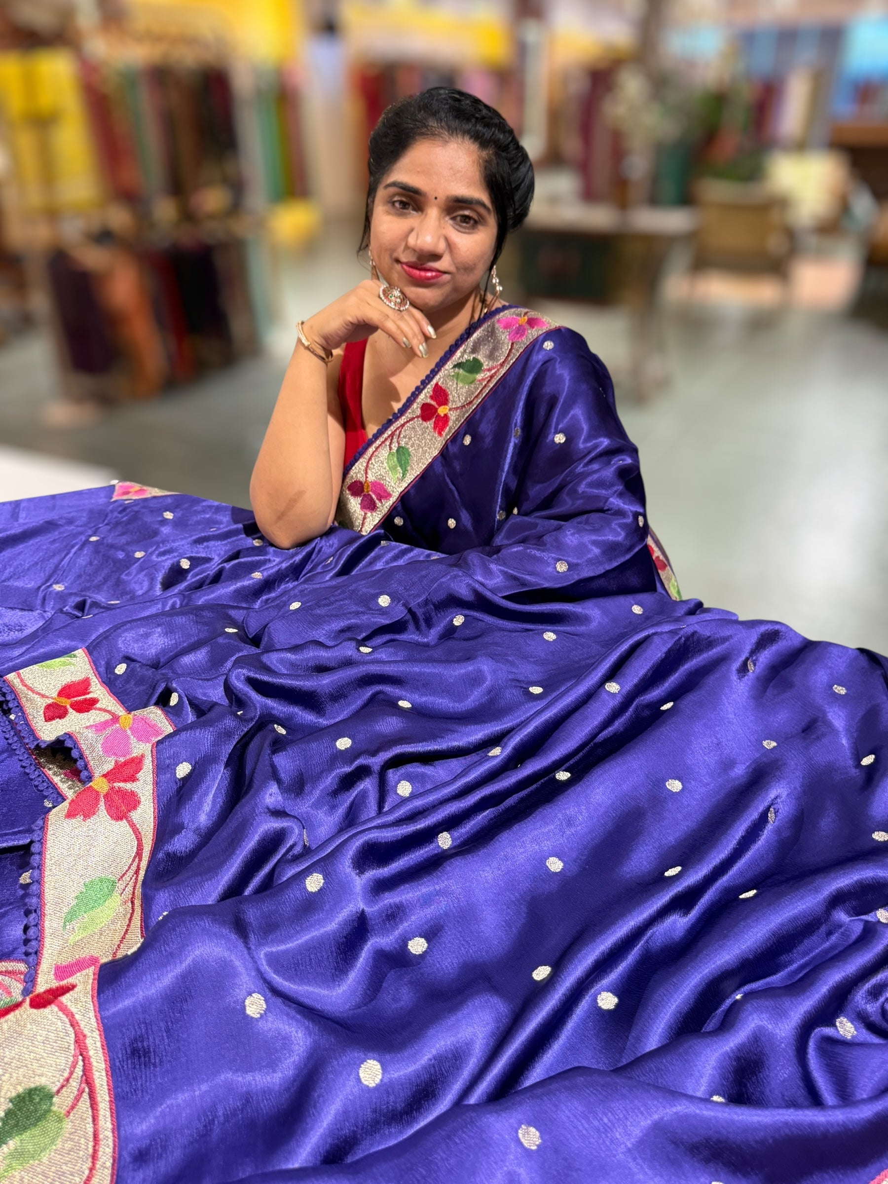 Violet Satin Saree with Paithani Embroidered Border