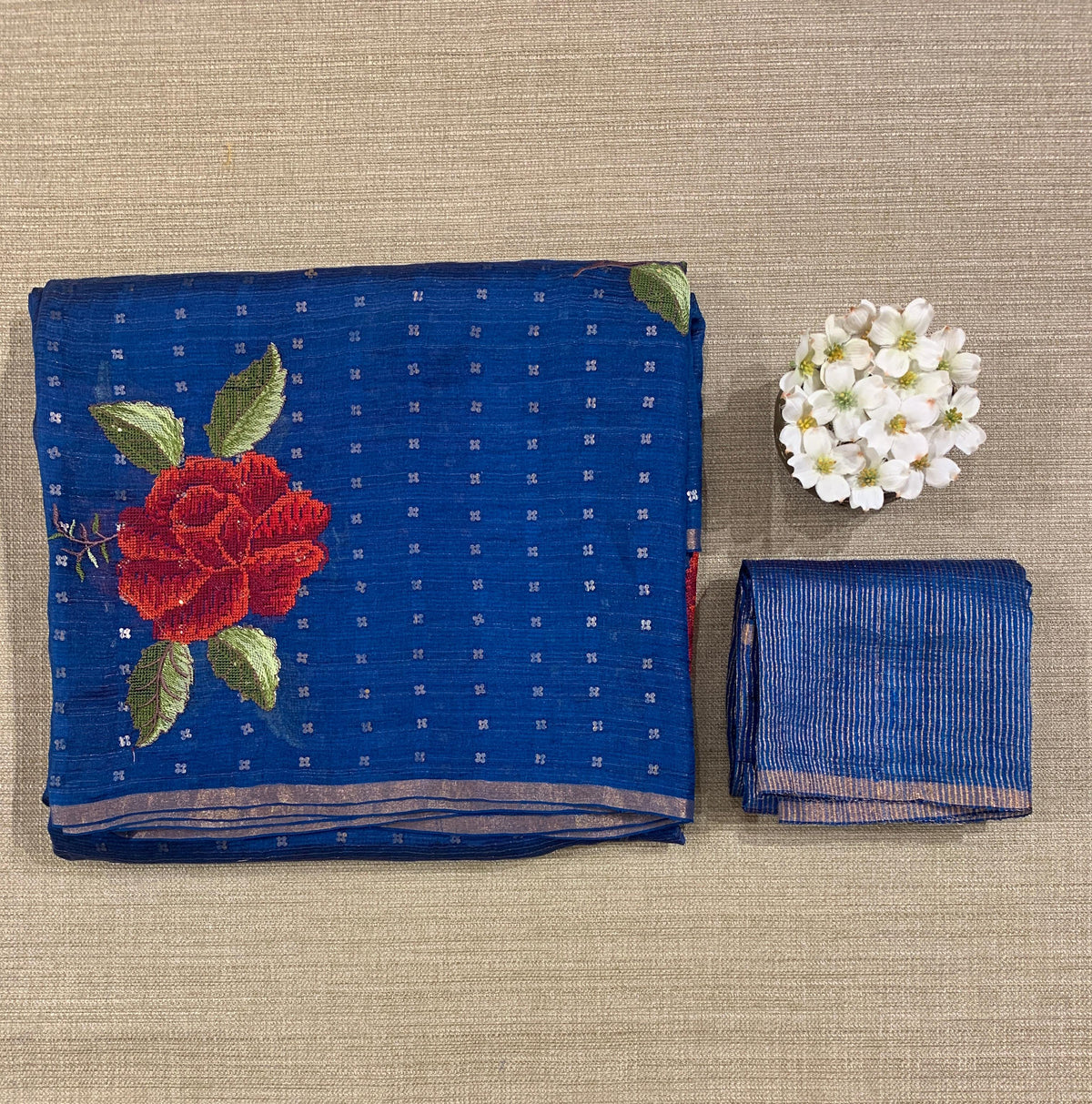 Tussar Kota Saree with embedded sequnce and hibuscus flower embroidery