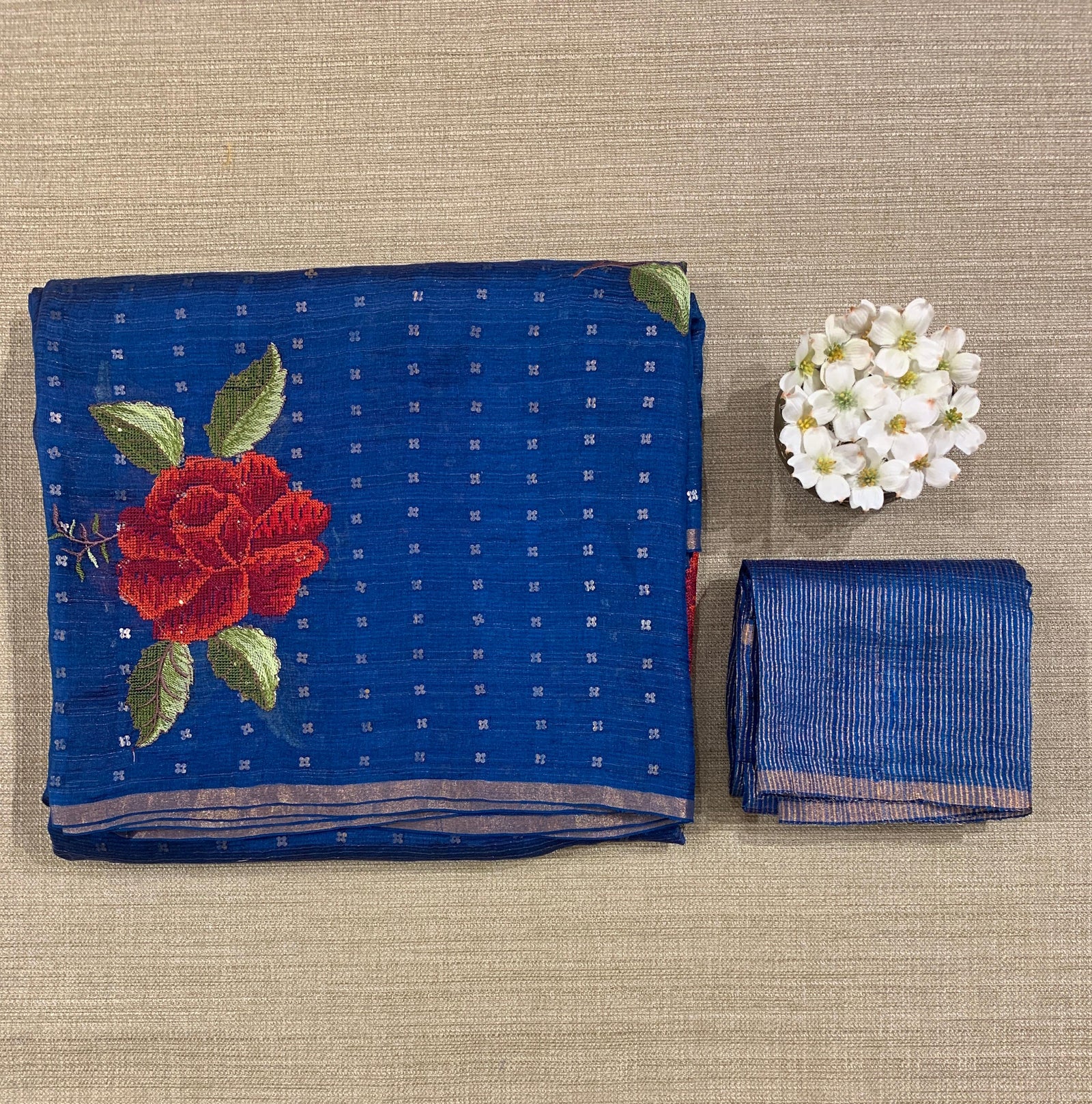 Tussar Kota Saree with embedded sequnce and hibuscus flower embroidery