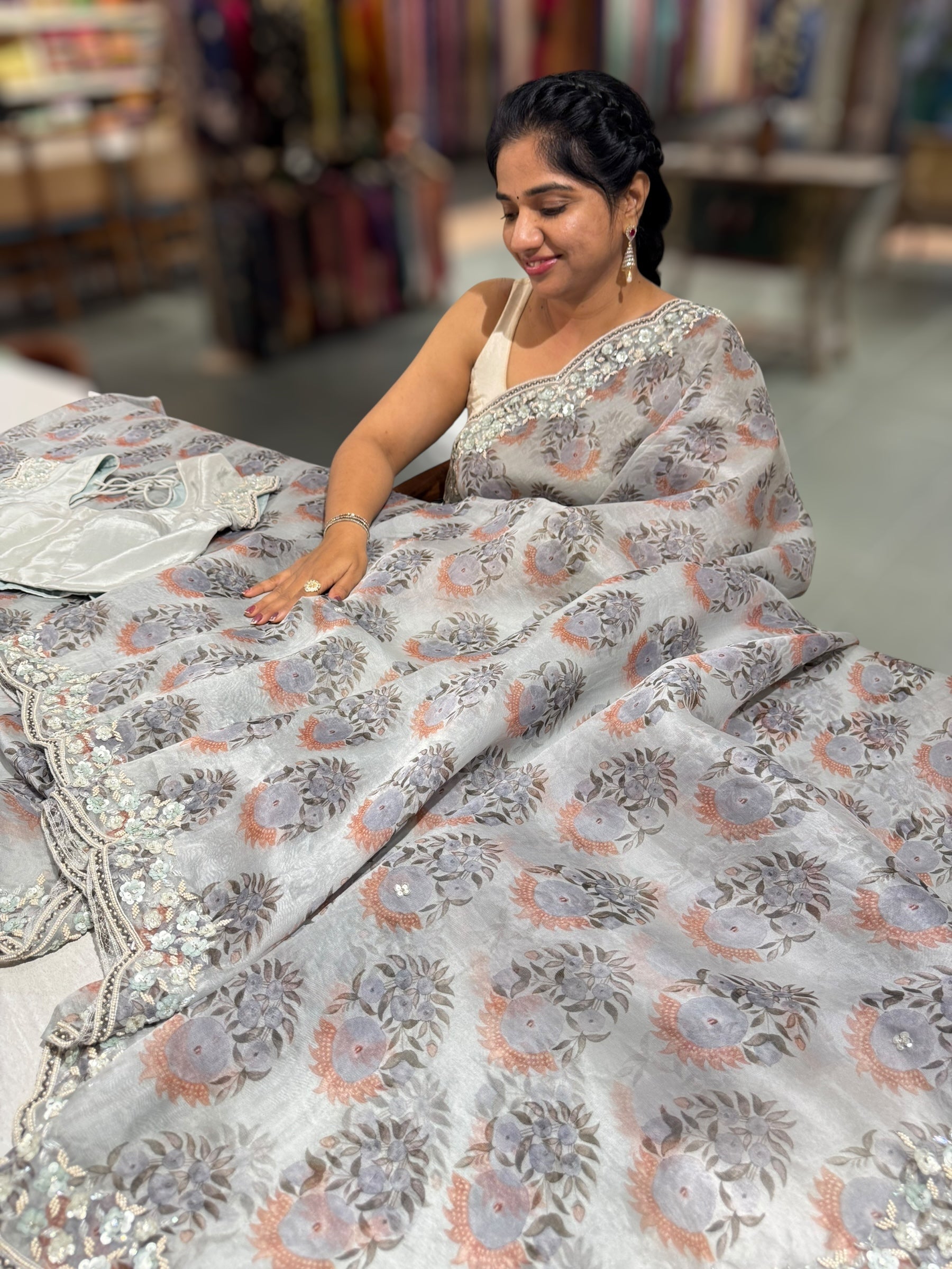Grey Organza Sabhyasachi printed saree with handwork border paired  with ready to wear blouse