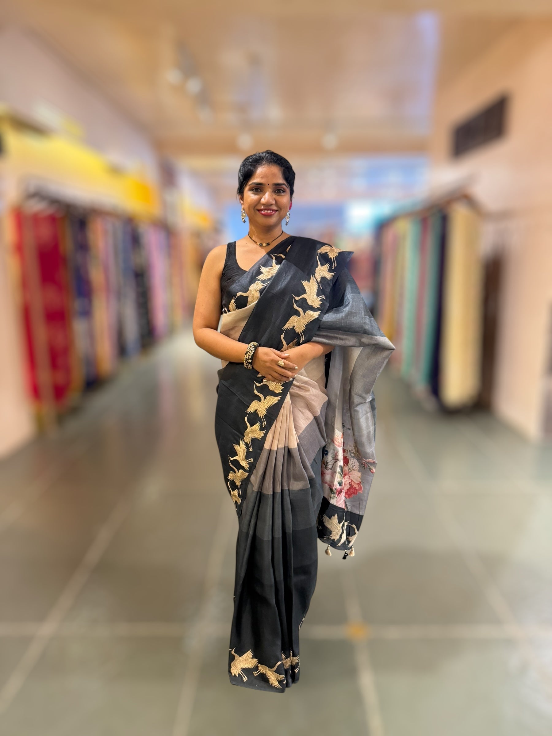 Tussar Rangkaat Saree With Crane Bird  Embroidered Border