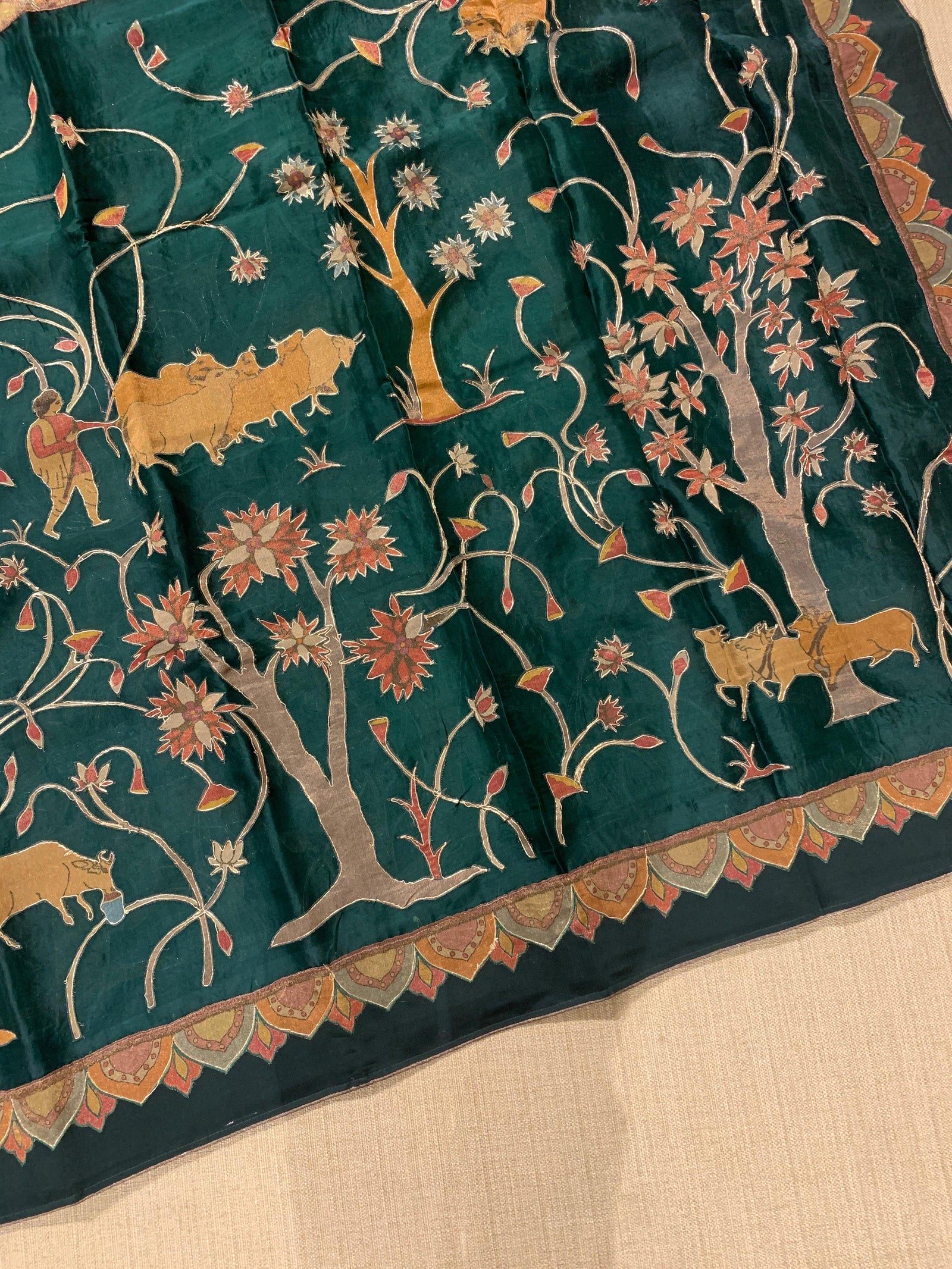 Bottle Green Designer Organza Saree with Stunning Tissue Applique work Saree with village theme