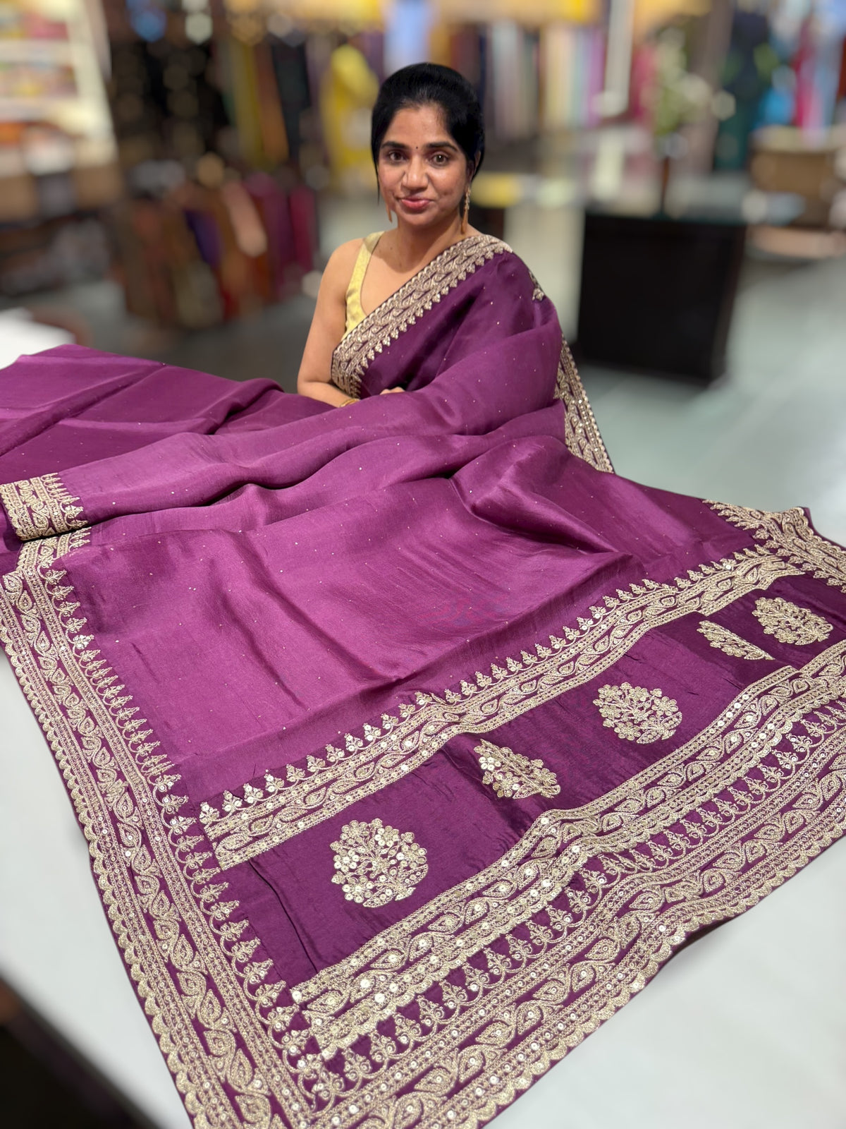 Wine Pure Organza Saree with allover mukaish work &amp; sabyasachi borders