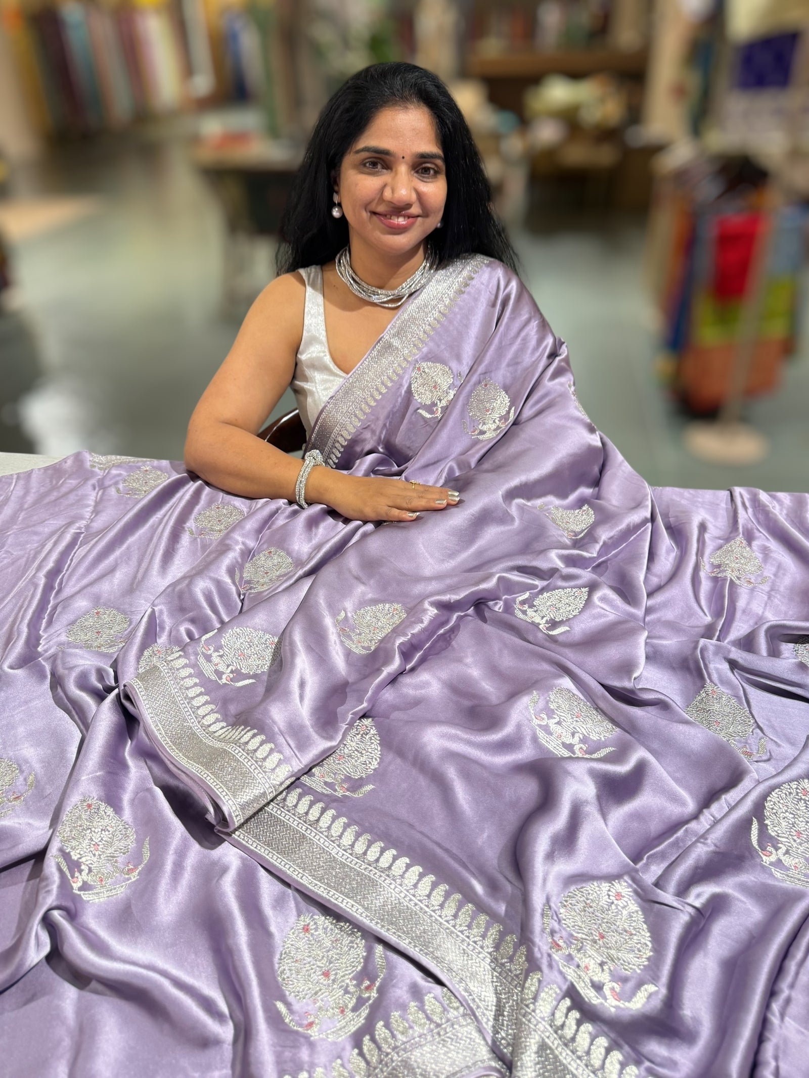 Lilac Pure Satin Saree with Embroidery.