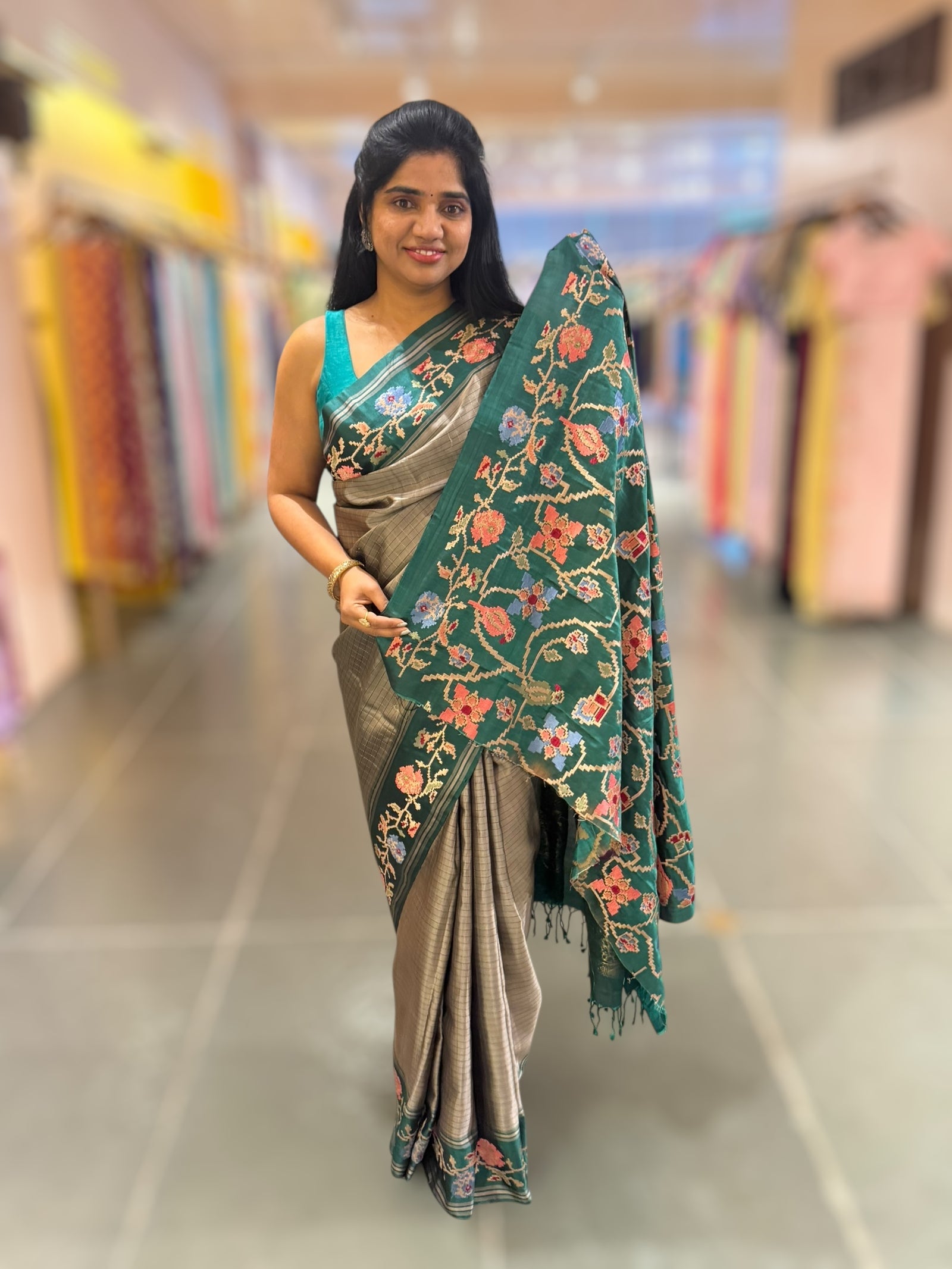Dusty Grey & Teal Vintage Kanchi soft silk saree with embroidery