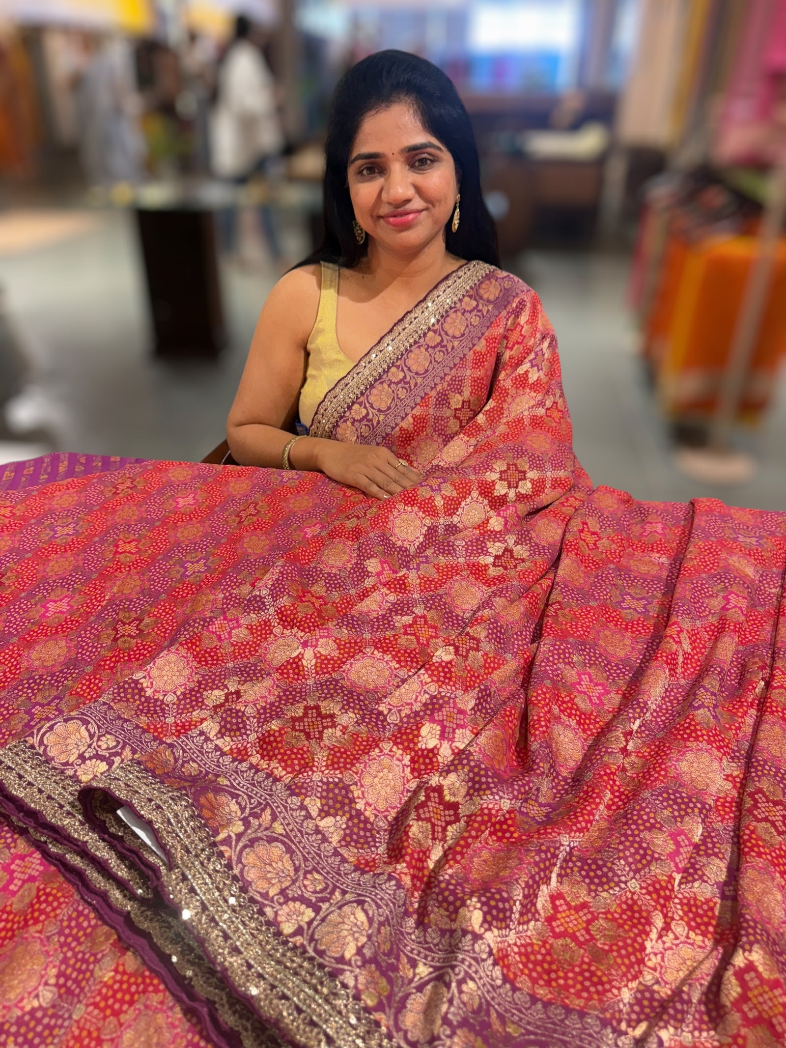 orangish Red & Wine Banarasi bandhini georgette