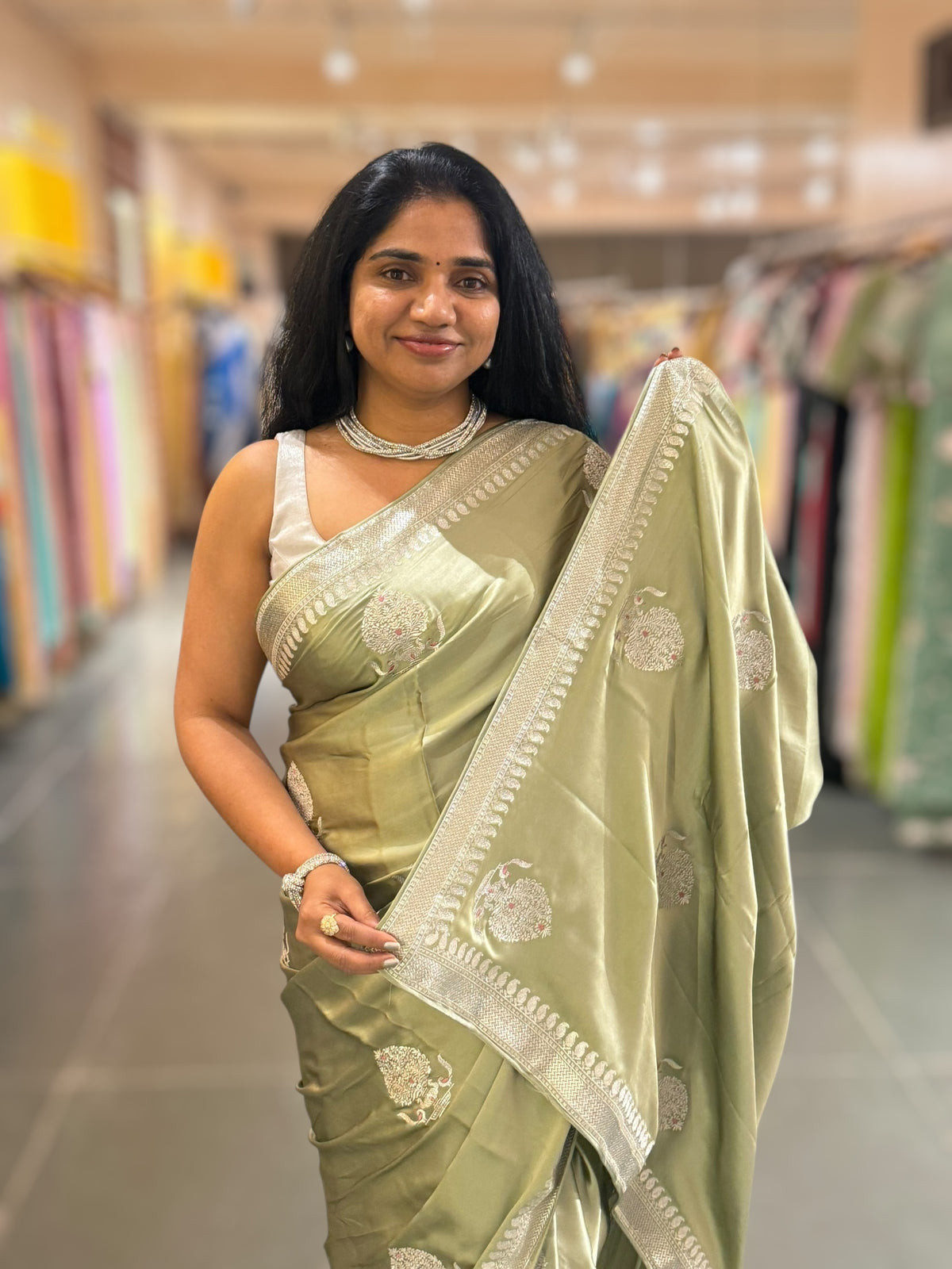 Dark Pista Satin Saree with Embroidery.