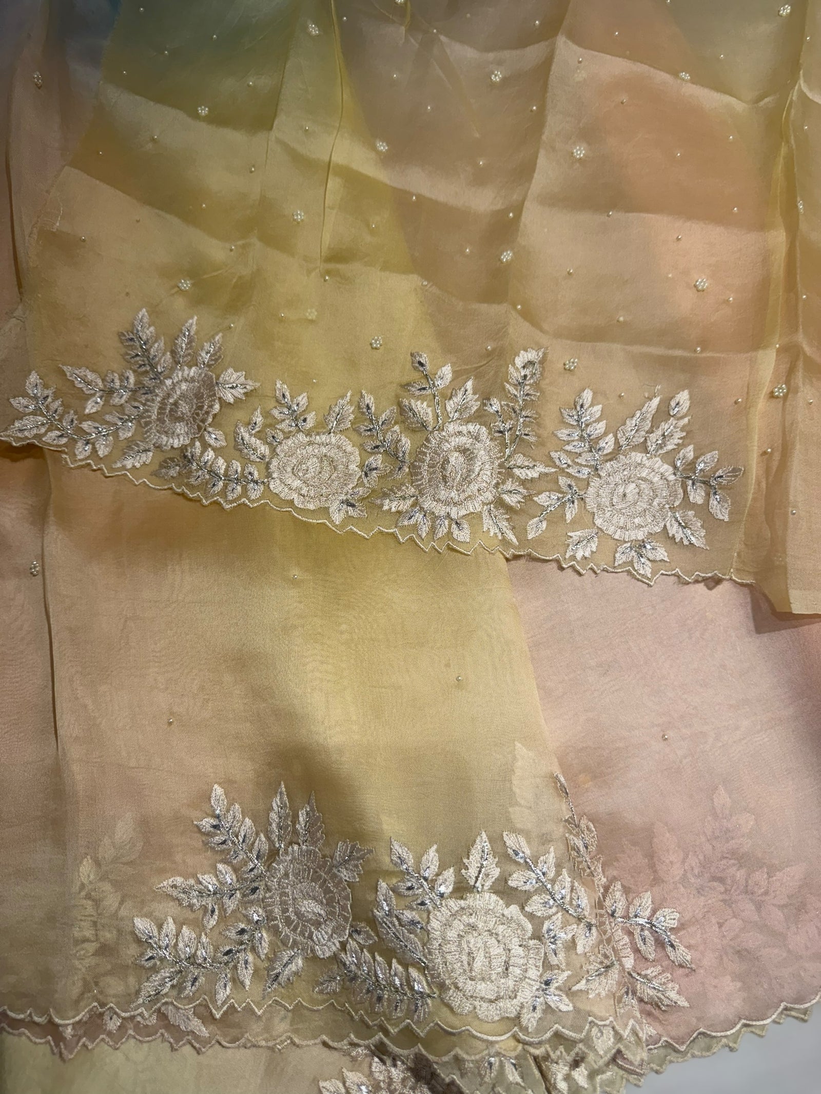 Ombre dyed Pure Organza Saree with parsi gara embroidery
