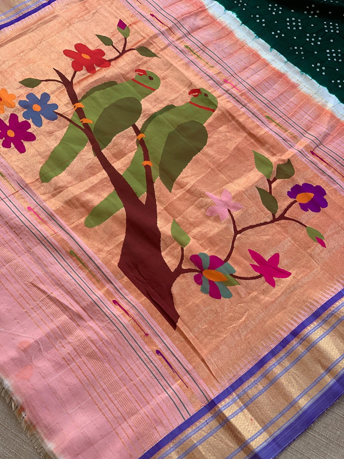 Forest Green Pure handloom Bandhini paithani saree