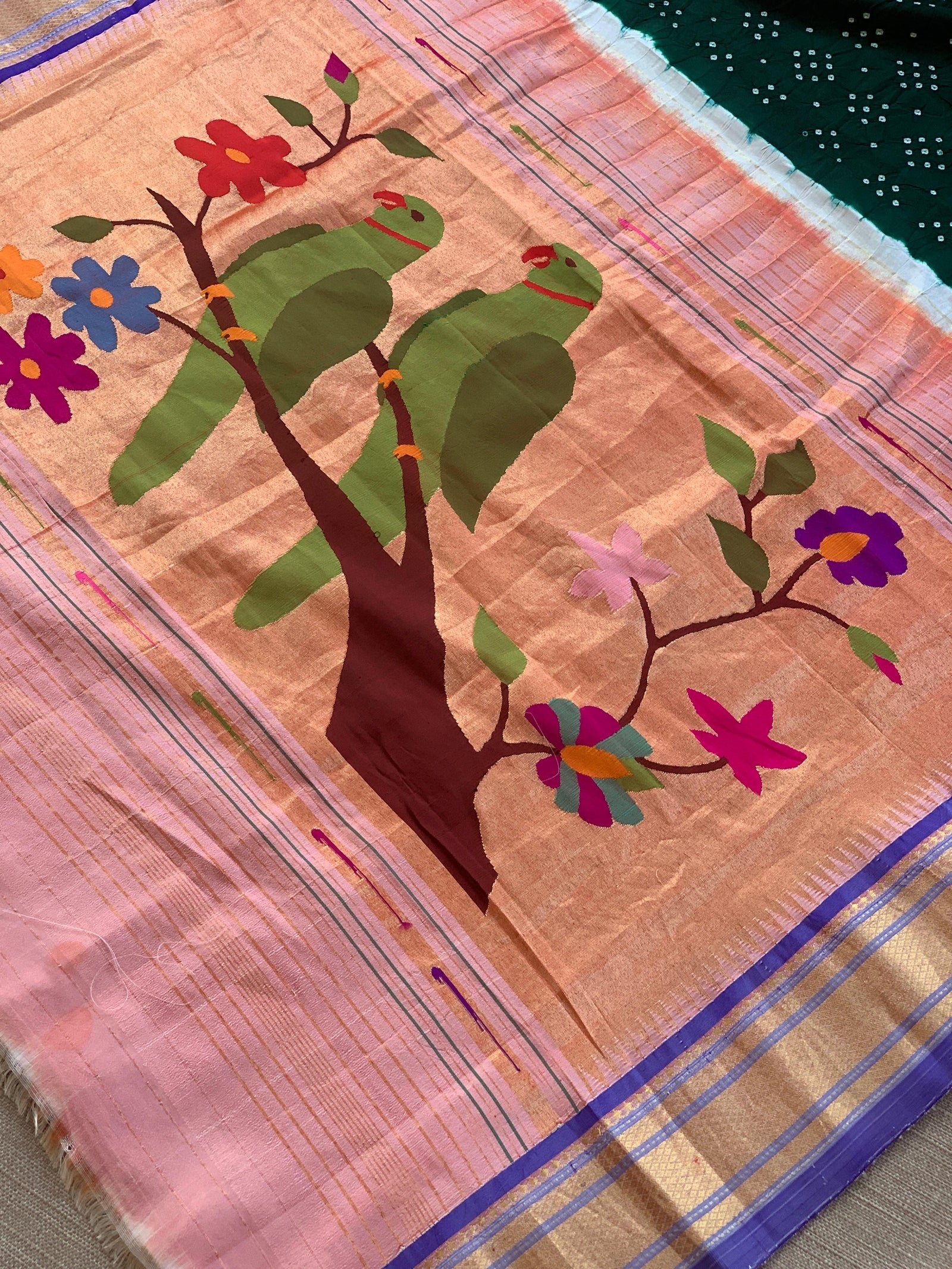 Forest Green Pure handloom Bandhini paithani saree