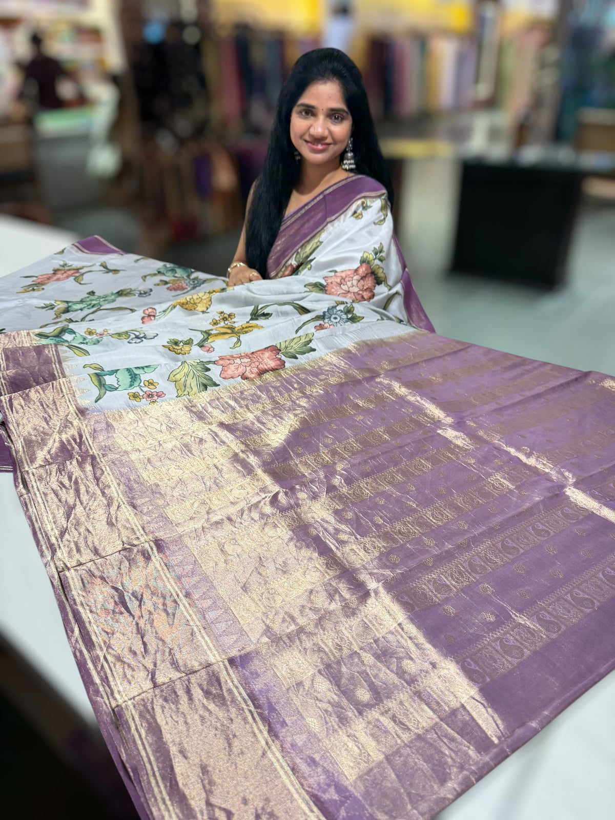 Silverish-Grey Kanjeevaram Designer print saree