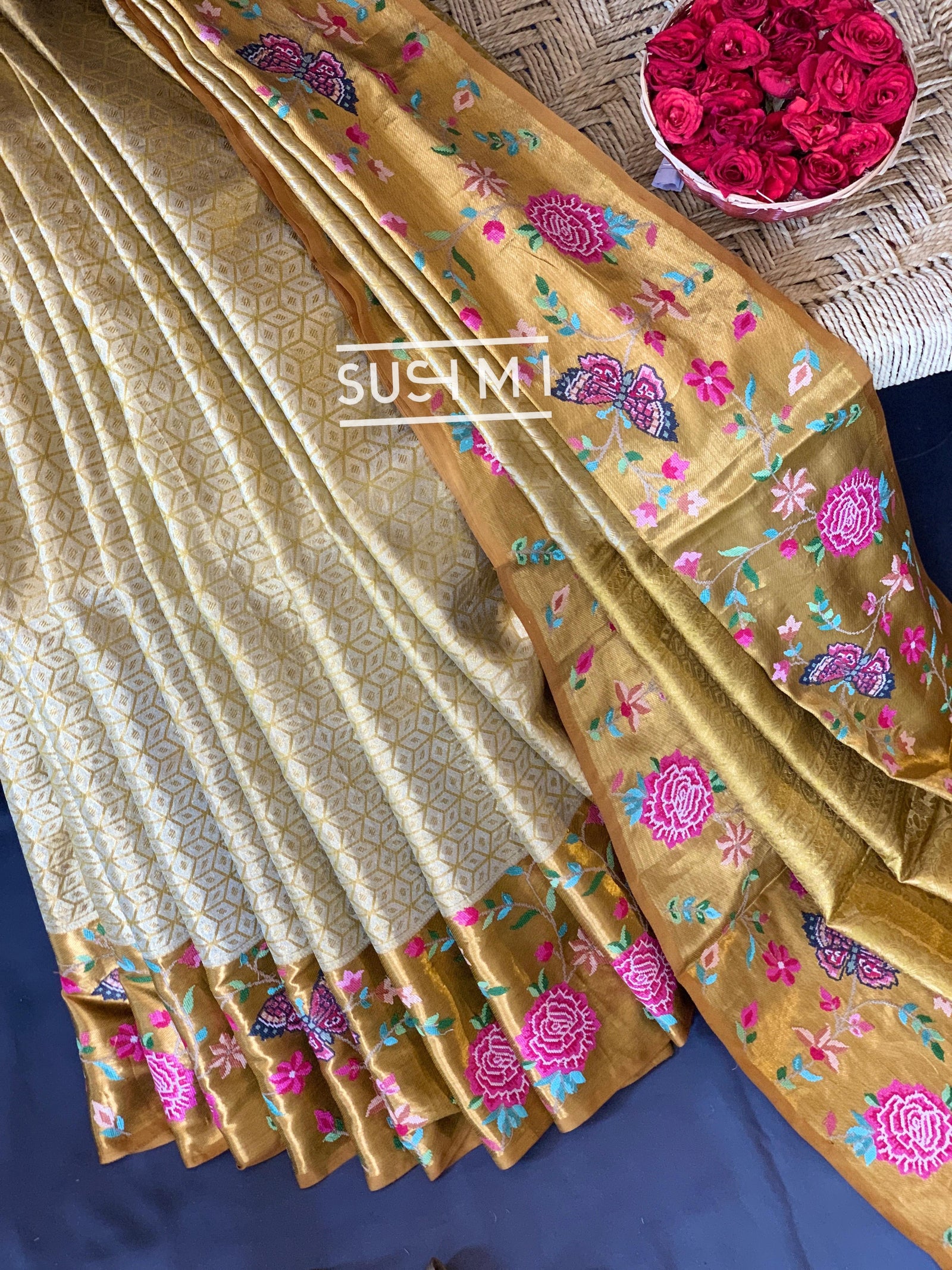 Gold Kanjeevaram Tissue Sareewith petite point embroidery : S62F085