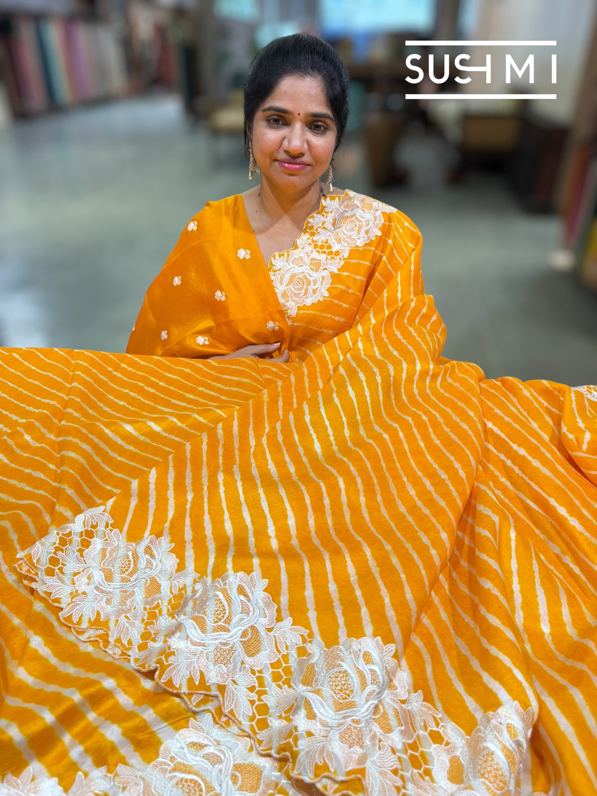 Marigold Orange  habutai  Silk lehariya Saree S62F067
