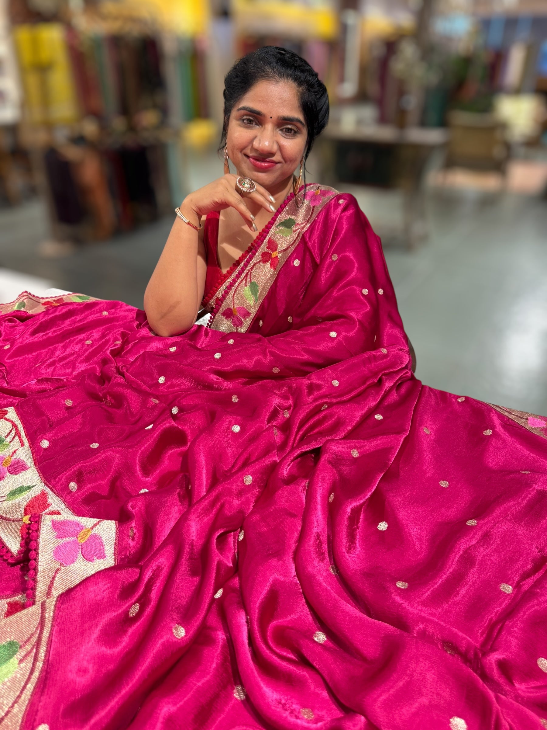 Dark Pink Satin Saree with Paithani Embroidered Border