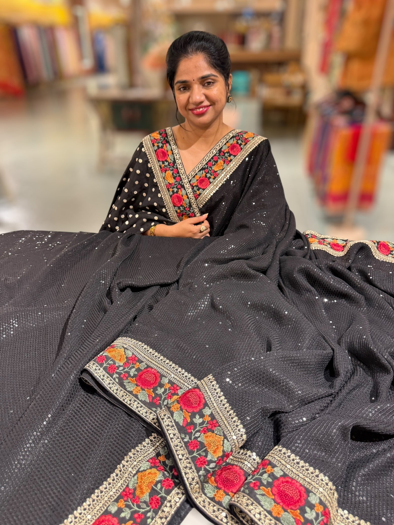 Black Georgette sequnce Saree with Sabyasachi borders and Blouse