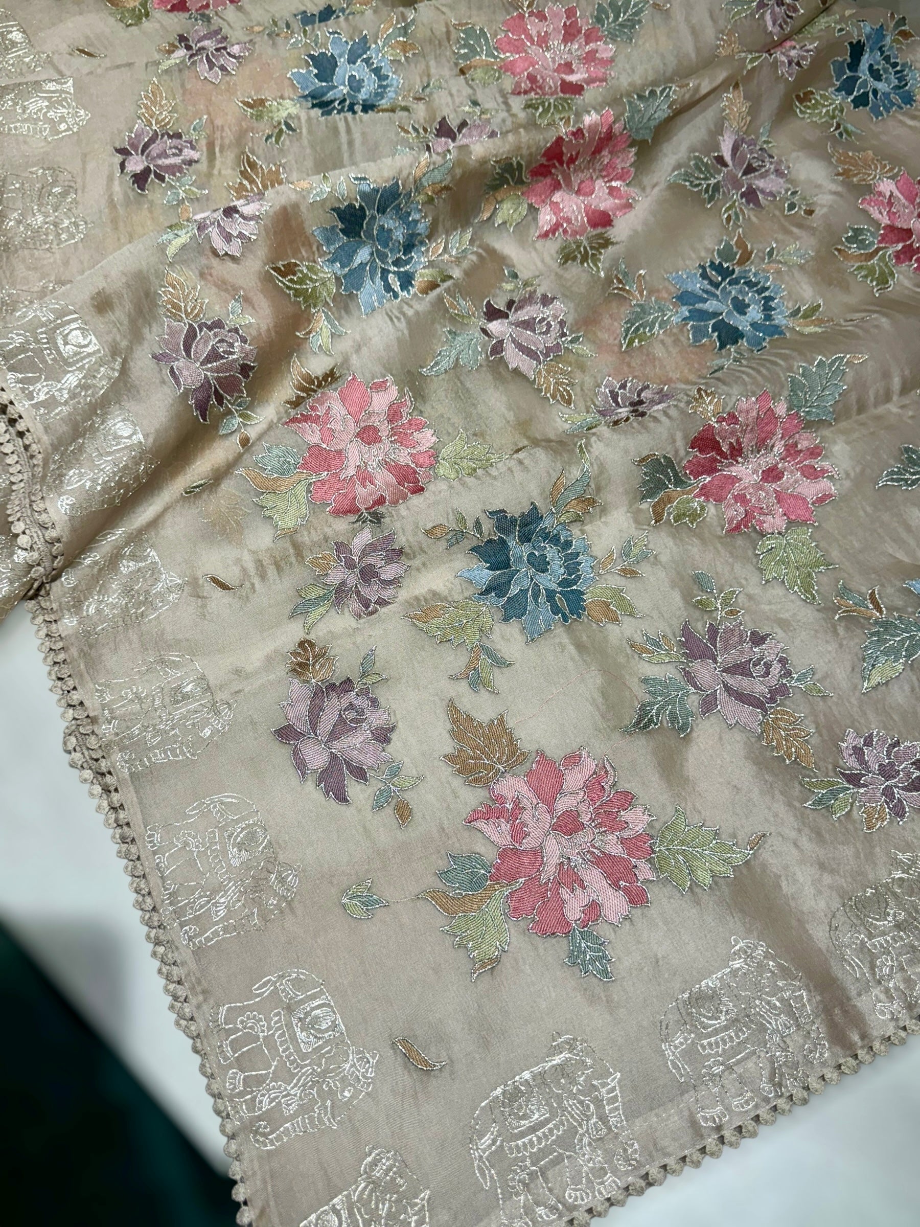Taupe Organza Saree with Allover floral Thread Embroidery