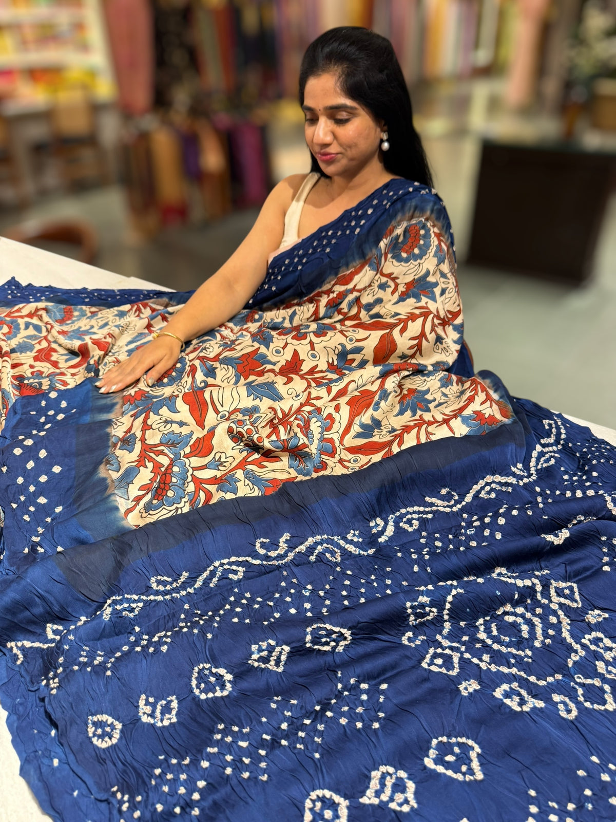 Bandhini kalamkari modal satin saree