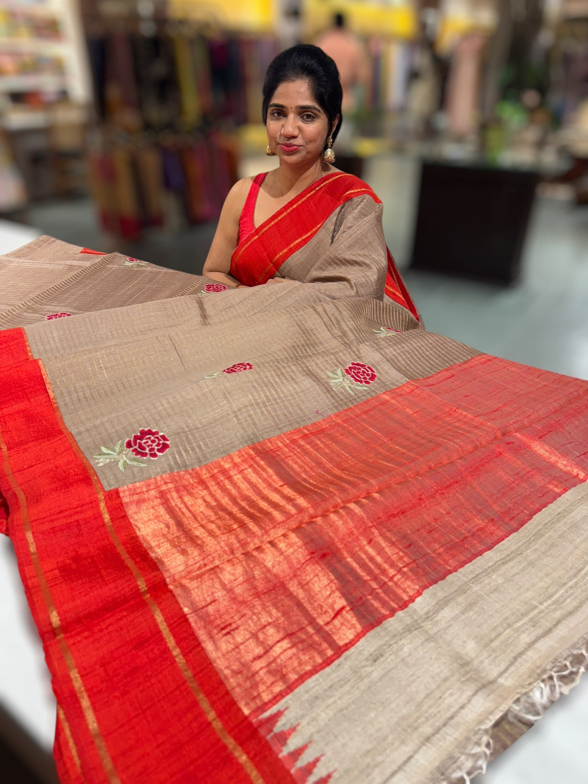 Chickoo Tussar Tissue and Silk fusion Saree with embroidery