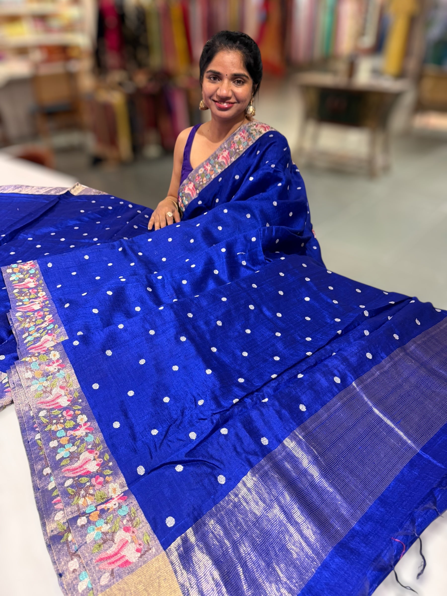 Royal Blue Pure Handloom Raw Silk Saree with beautiful Embroidery on zari Border