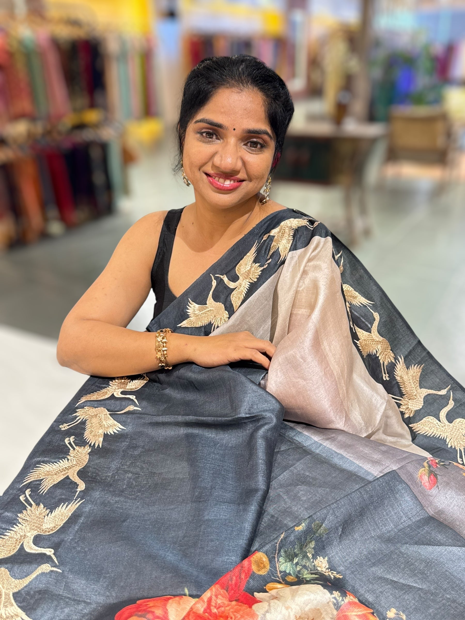 Tussar Rangkaat Saree With Crane Bird  Embroidered Border