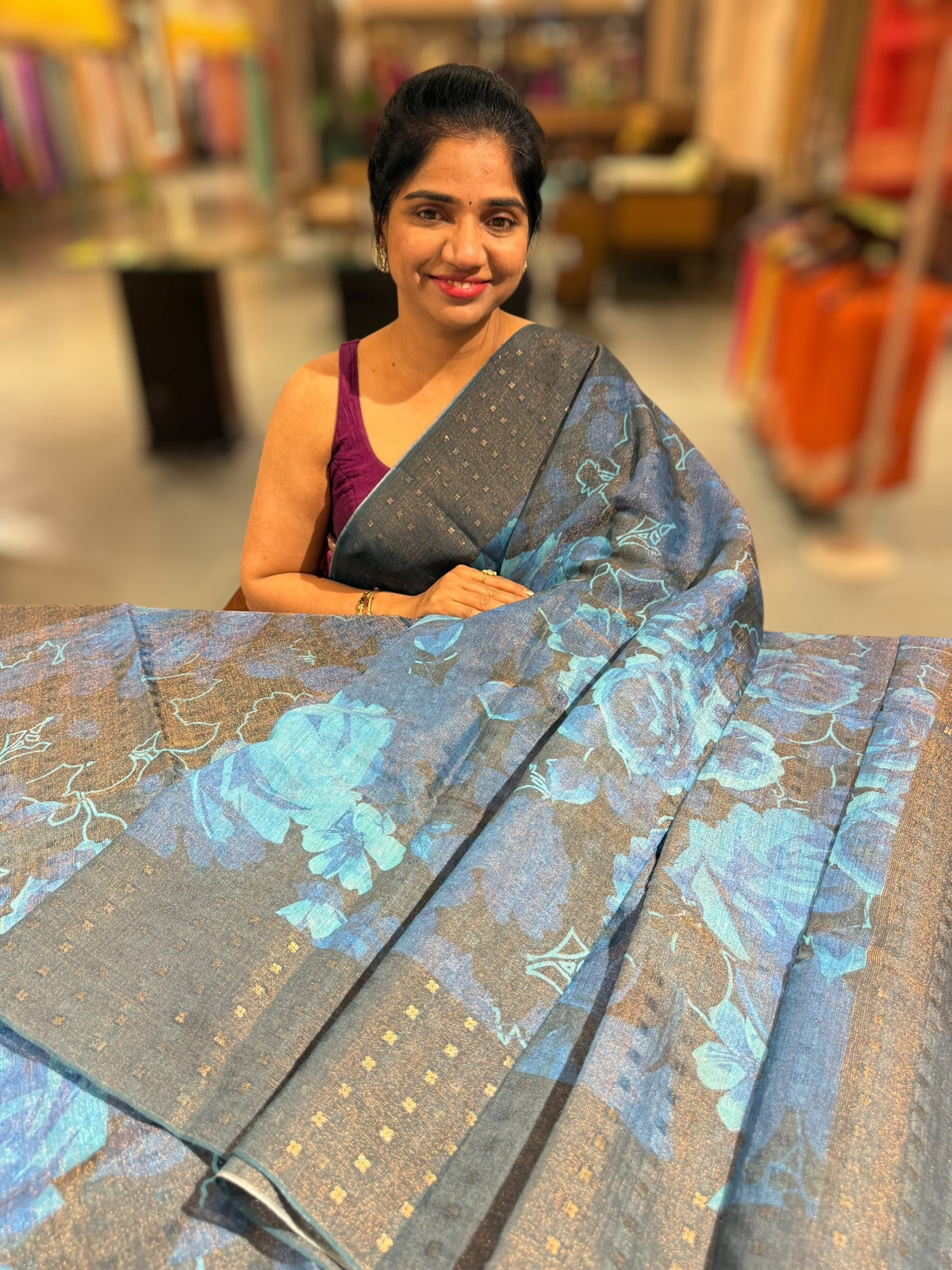 Elephant Grey Printed Tussar Tissue Saree