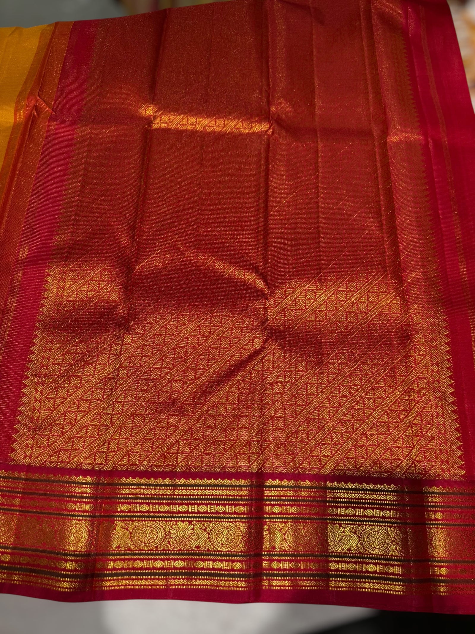 Mustard & Pinkish Red combo Vaira Oosi Stripes Vintage Kanjeevaram Saree